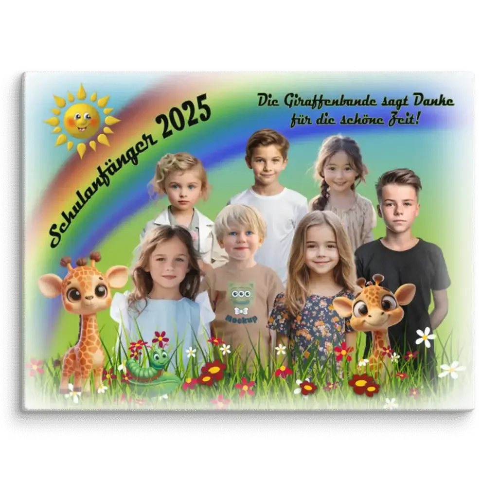 Kinderfoto mit gezeichneten Giraffen, Regenbogen, Schulanfänger 2025, bunte Blumenwiese