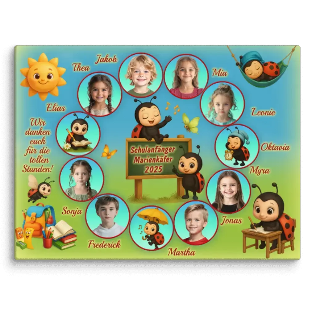 Buntes Leinwandbild Schulanfang Marienkäfer 2025 mit Kinderfotos, Cartoon-Marienkäfern, Sonnensymbol und Schultafel