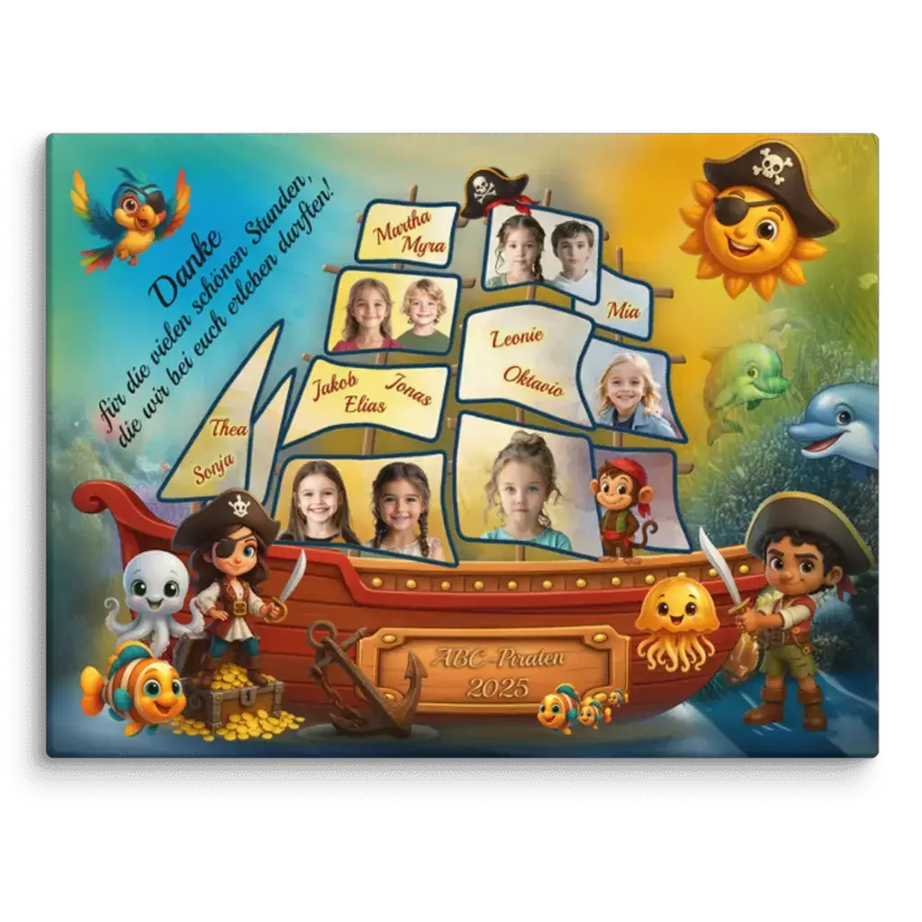 Kinder Leinwand Piratenschiff Motiv, ABC-Piraten 2025 mit Fotos, Tieren und buntem Hintergrund