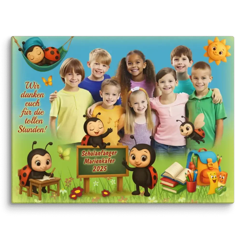 Gruppenbild fröhlicher Kinder mit Marienkäfer-Comicfiguren, Schultafel und bunten Schulsachen.