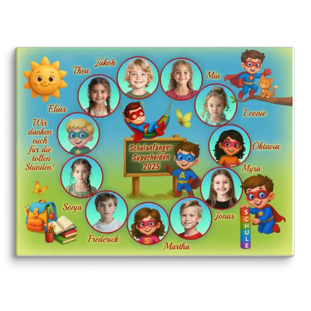 Leinwand mit Fotos von Schulanfängern 2025, Superhelden-Motiven, buntem Hintergrund, Namen