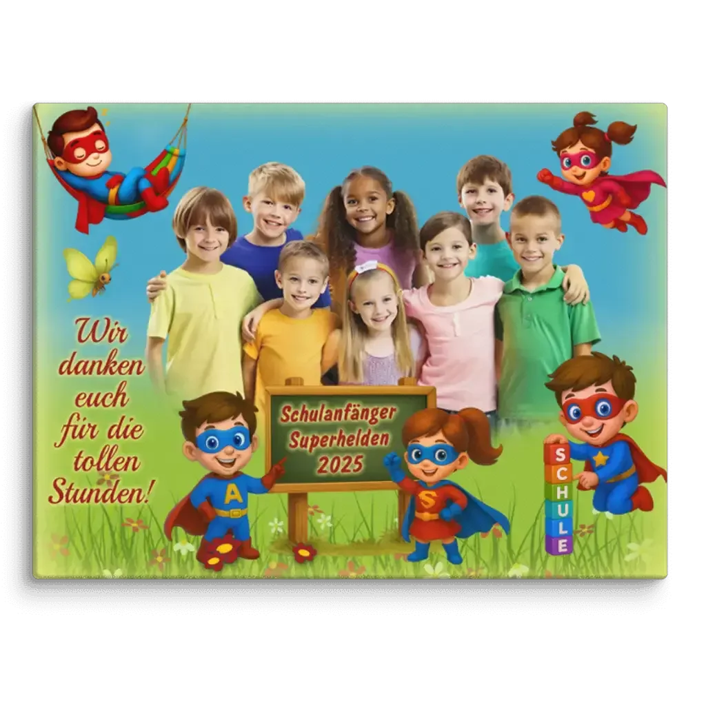 Fröhliche Kindergruppe mit Superhelden-Cartoons, Schild 'Schulanfänger Superhelden 2025', bunte Schulanfang Leinwand.