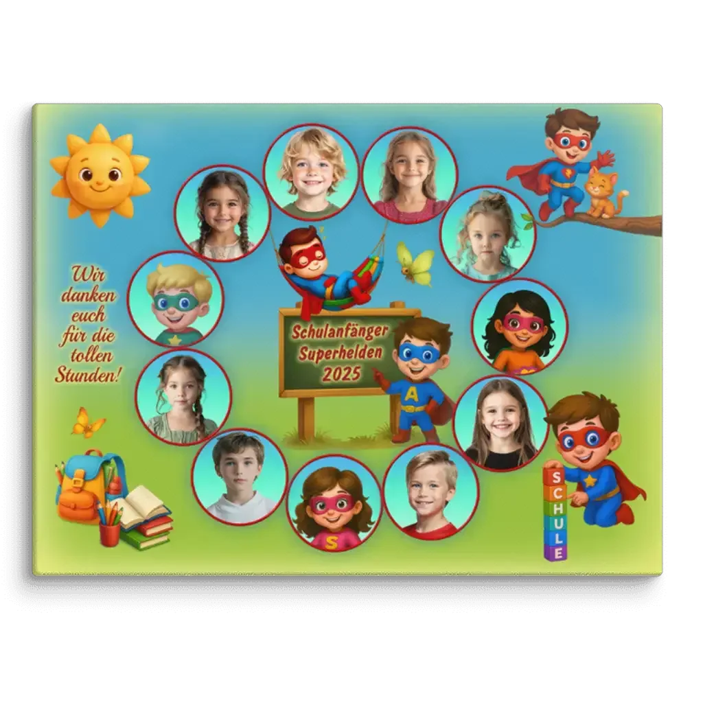 Kinderfoto-Collage für Schulanfänger 2025 mit Superhelden-Motiven, buntem Hintergrund, Sonnen-Illustration und Text 'Wir danken euch für die tollen Stunden!'