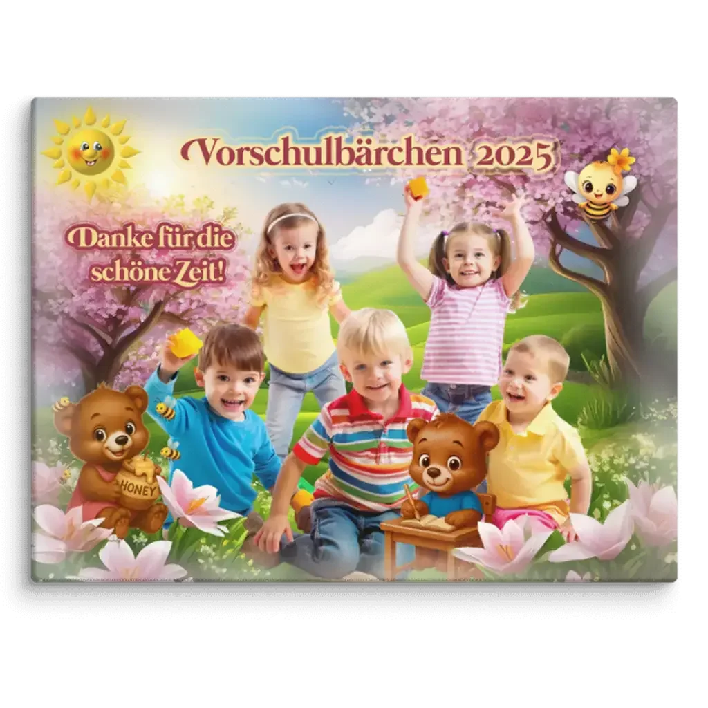 Fröhliche Kinder mit Bären im Vorschulbärchen 2025 Motiv vor blühenden Bäumen, bunte Leinwand.