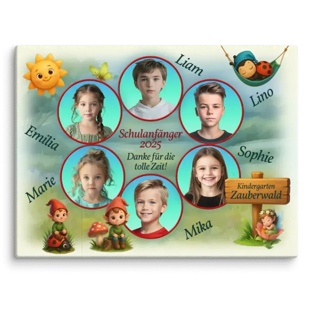 Personalisierte Leinwand Schulanfaenger 2025 mit Kinderfotos, Namen, Zauberwald-Motiven, Kindergarten-Abschiedsgeschenk