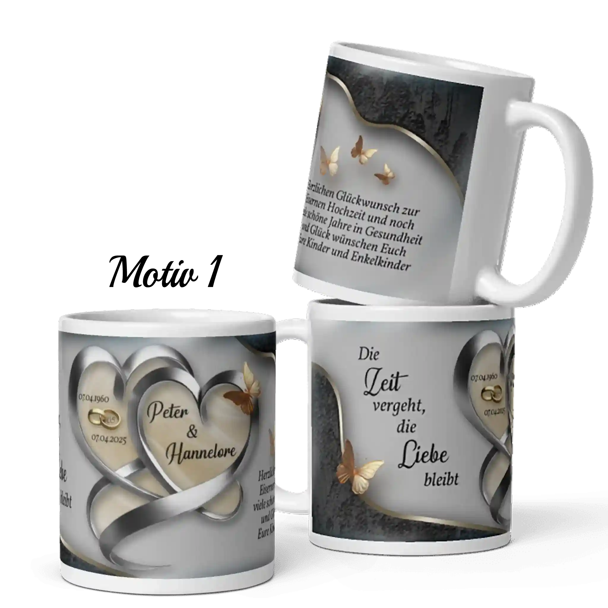 Personalisierte Tasse zur eisernen Hochzeit mit Namen und Datum