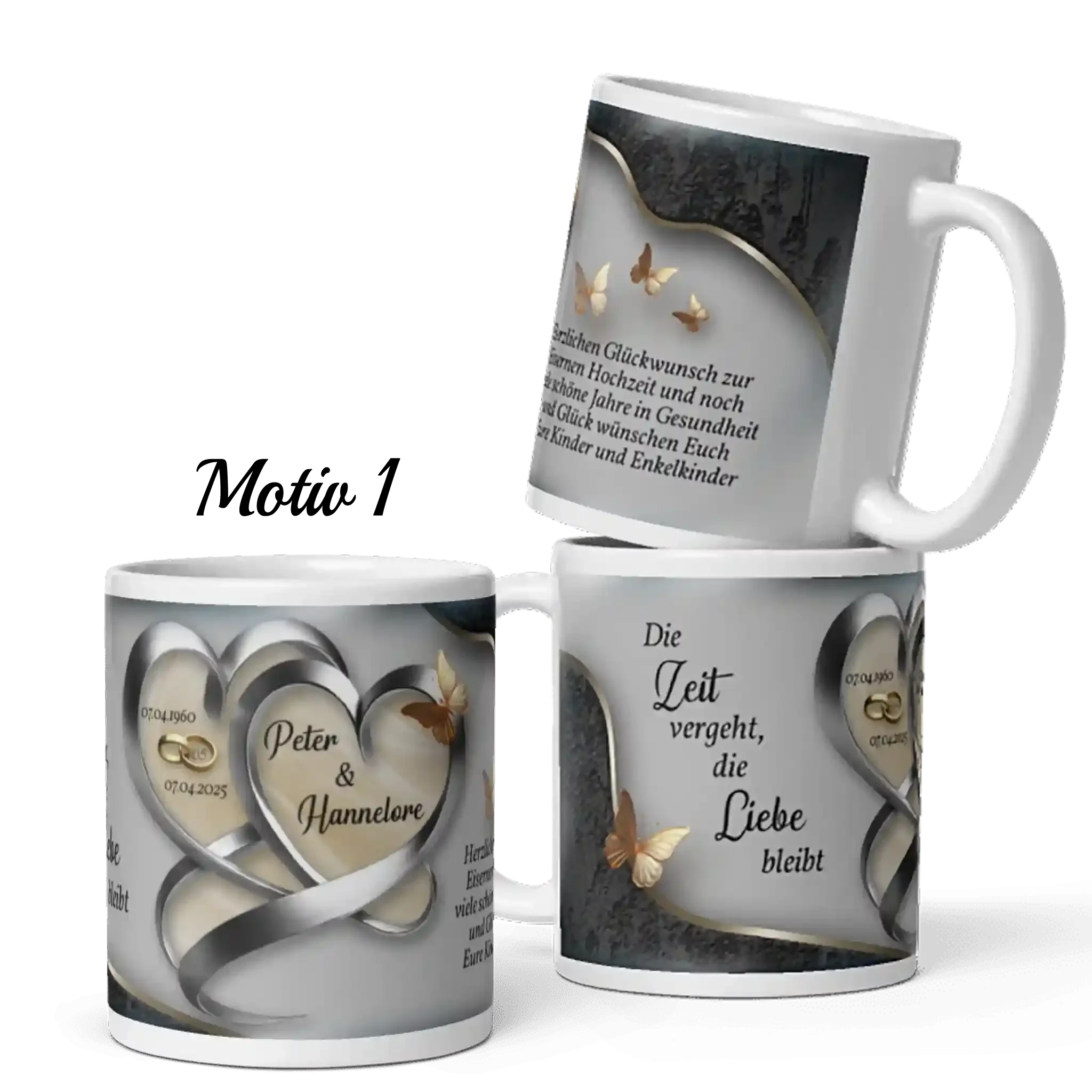 Tasse zur Eisenhochzeit mit Herzen, Schmetterlingen und personalisiertem Namen-Design