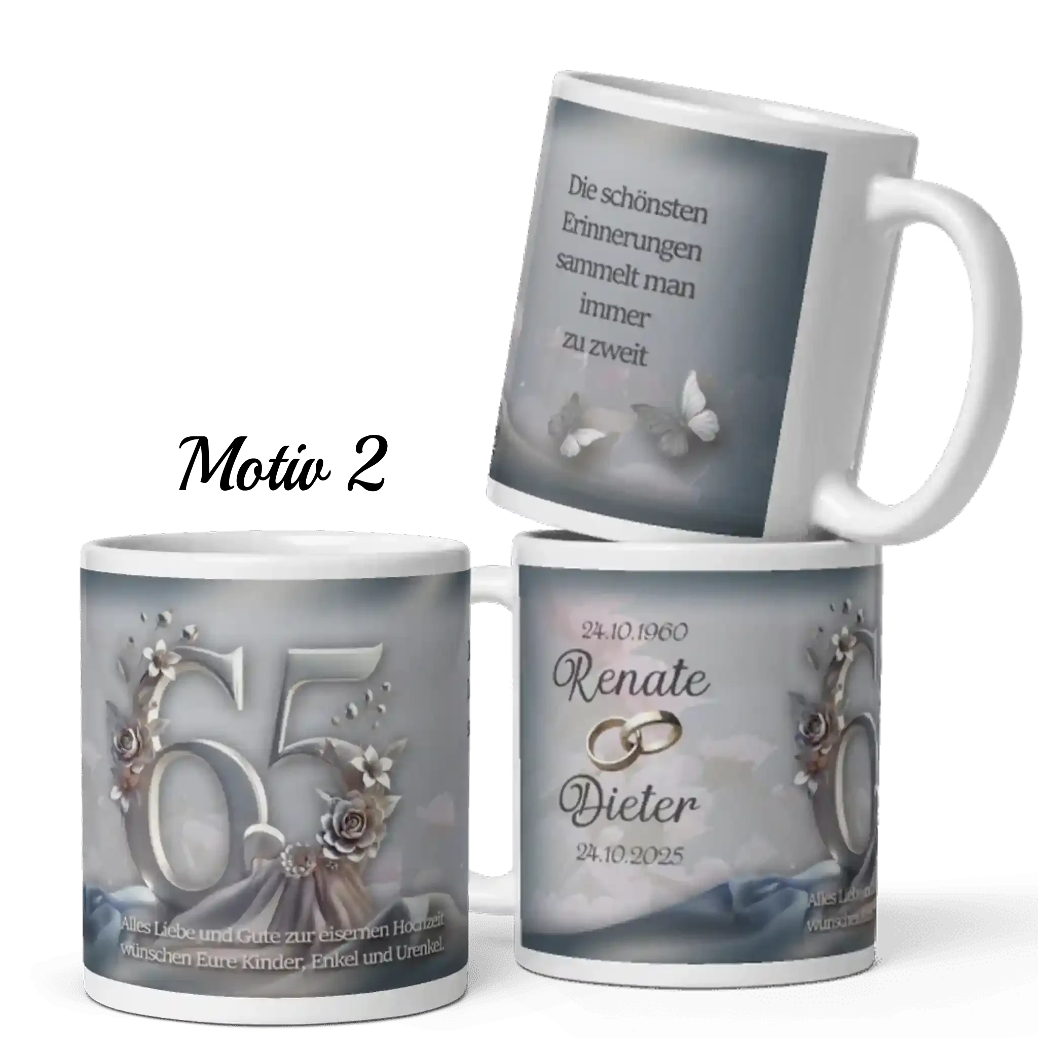 Personalisierte Tasse zur Eisenhochzeit mit Namen, Ringen, Zahl 65 und Blumen in Silbergrau.