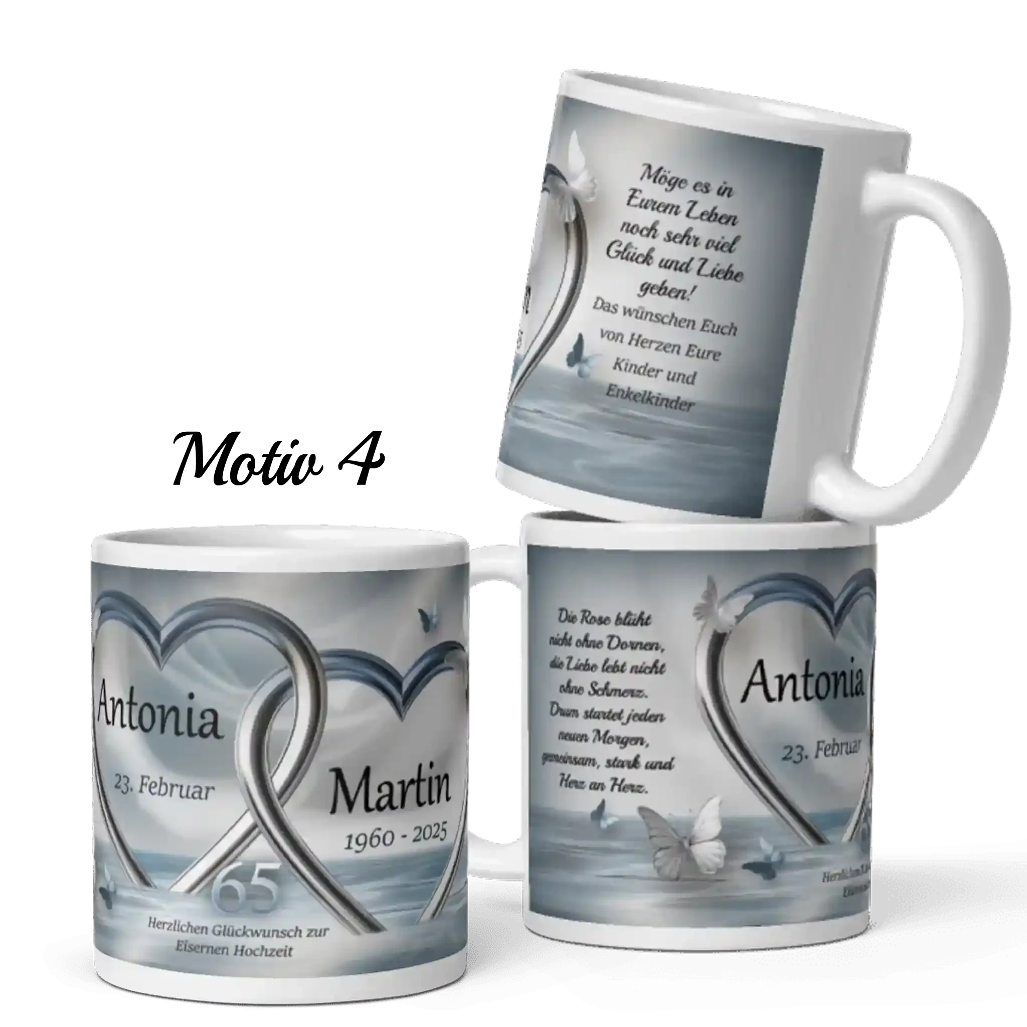 Personalisierte Tasse zur Eisenhochzeit mit silbernen Herzen, Schmetterlingen und Namen.