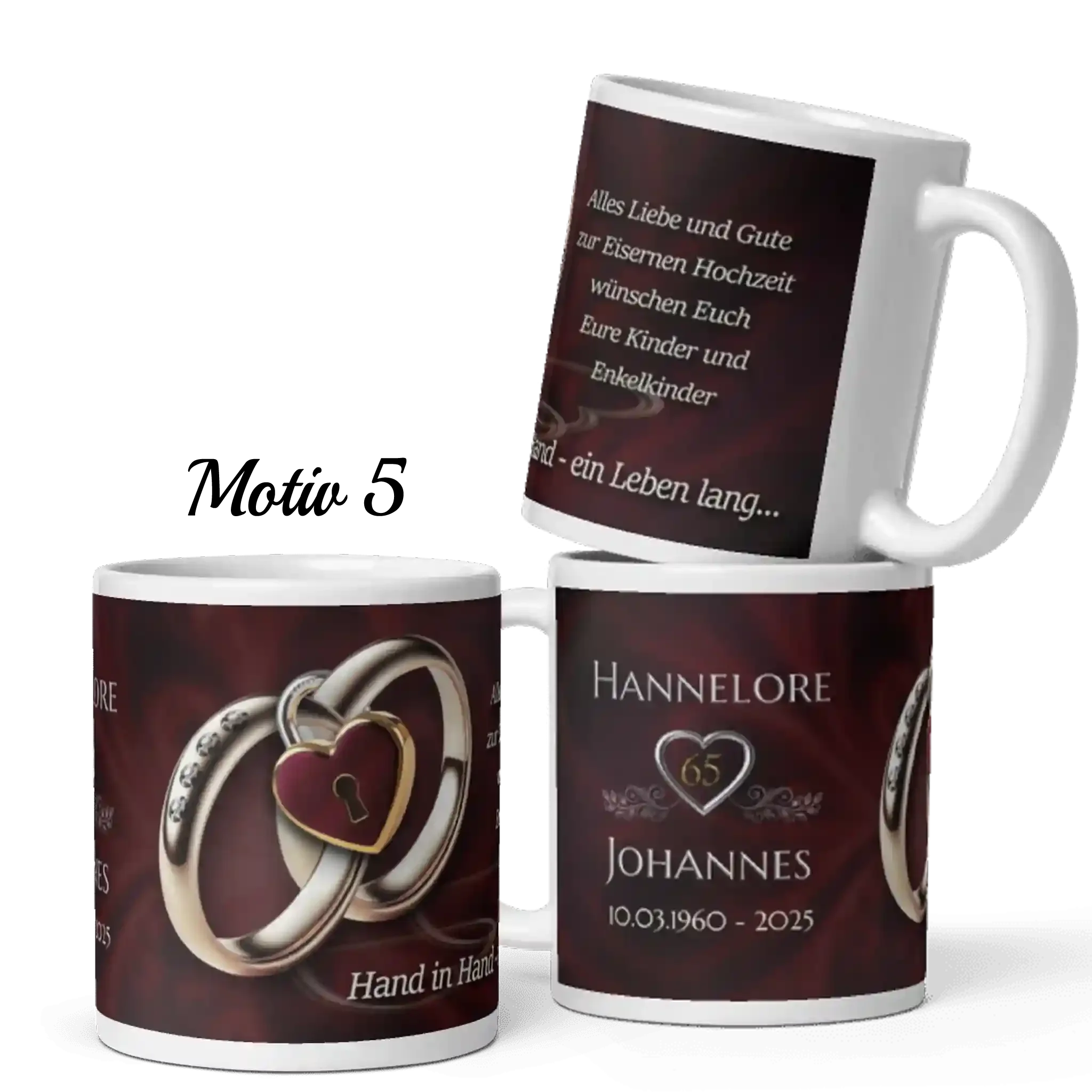 Personalisierte Tasse zur Eisenhochzeit mit Ringen, Herzschloss und Jubiläumsdaten