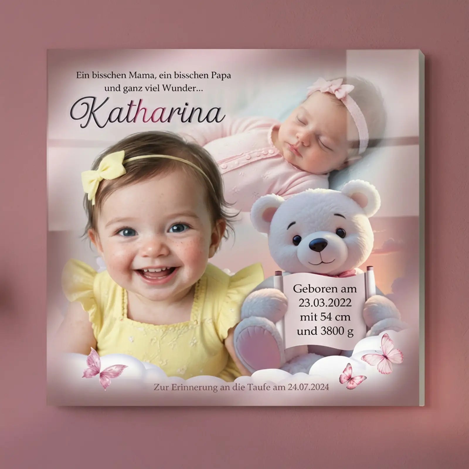 Edles Premium-Acrylglasbild – zwei Babyfotos vom Neugeborenen bis heute, liebevoll arrangiert für Eltern, Großeltern & Paten