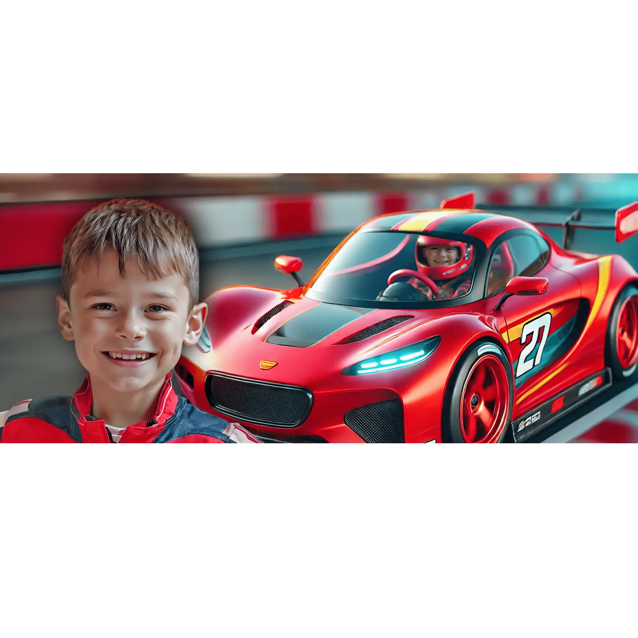 Lächelnder Junge im Rennanzug neben rotem Rennwagen mit Nummer 27 auf Rennstrecke