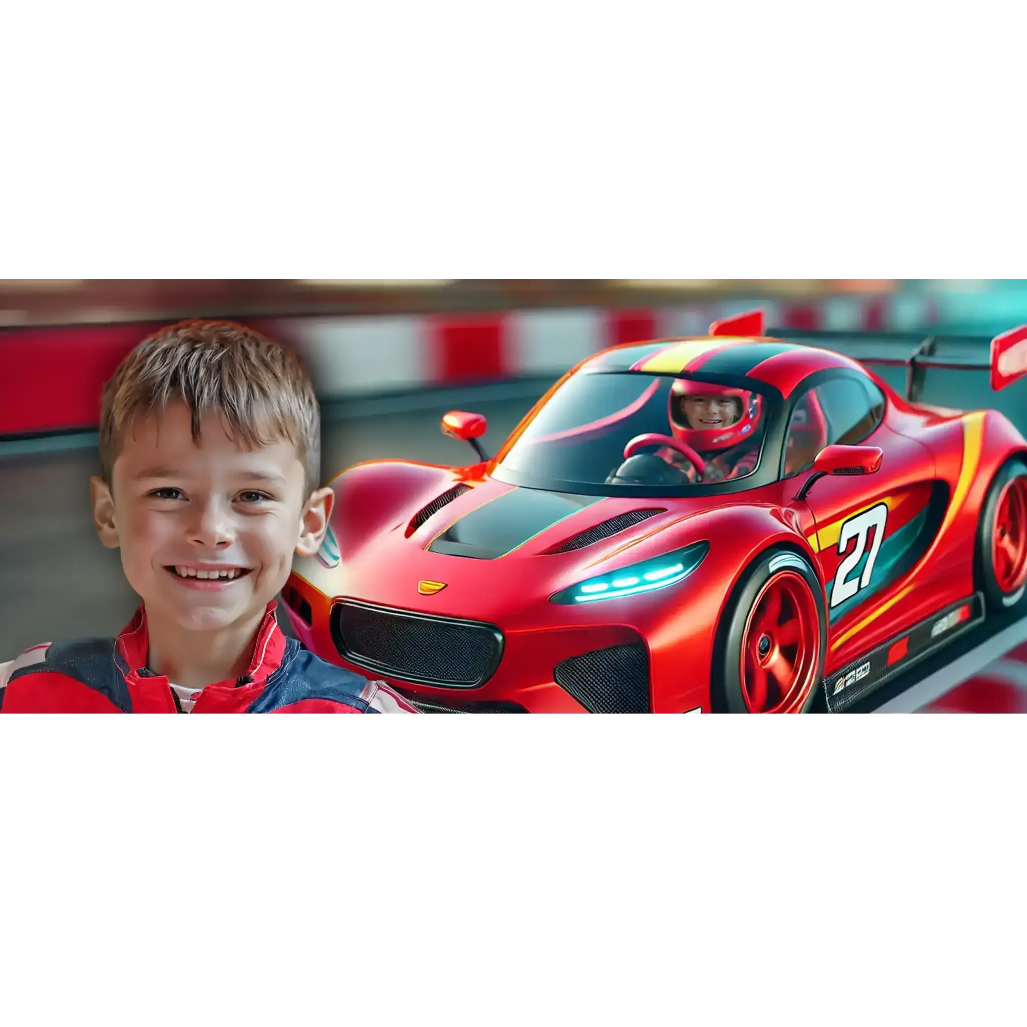 Geschenk - Lächelnder Junge neben einem rot-schwarzen Spielzeugrennauto auf einer Rennstrecke.