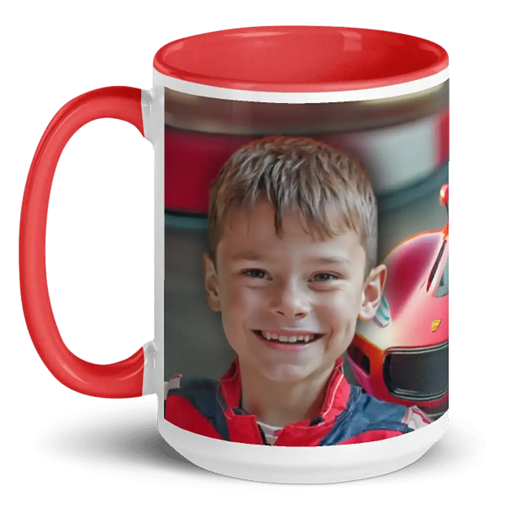 Tasse mit rotem Henkel, lächelnder Junge im Rennanzug und rotem Rennwagenmotiv