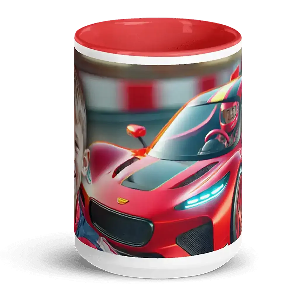 Keramiktasse mit rotem Rennwagen und Rennfahrer Motiv, Kinderbecher, Motorsport Geschenk