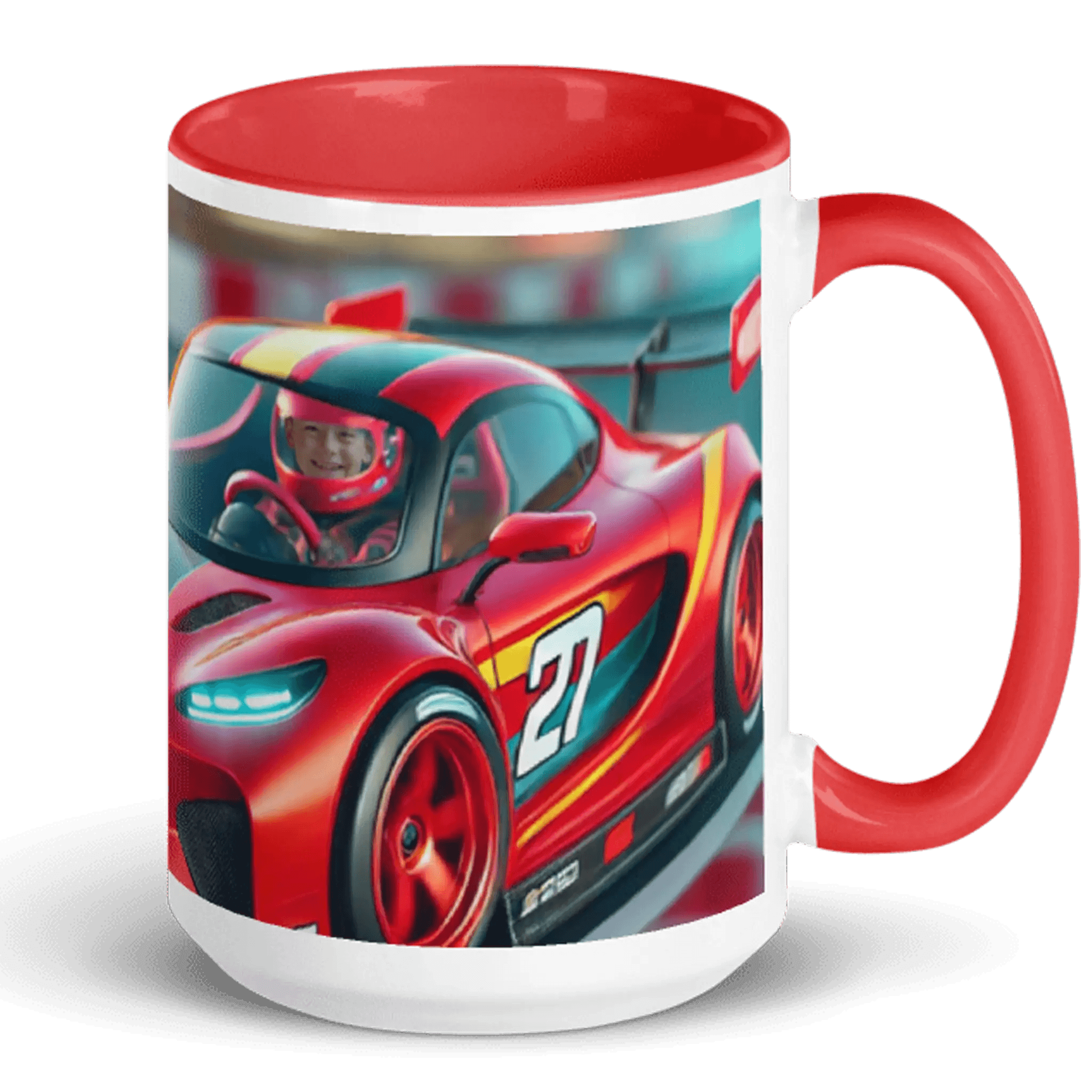 Tasse mit rotem Rennwagen, Startnummer 27, Fahrer im Helm, Motorsport-Design