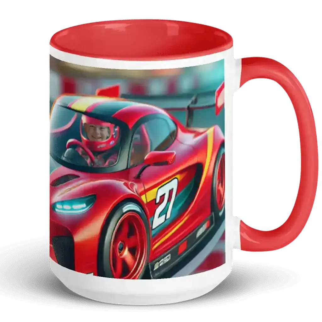Geschenk mit Frühstückstasse im Rennsport-Stil, featuring einen roten Rennwagen und ein lächelndes Kind im Fahrerraum.