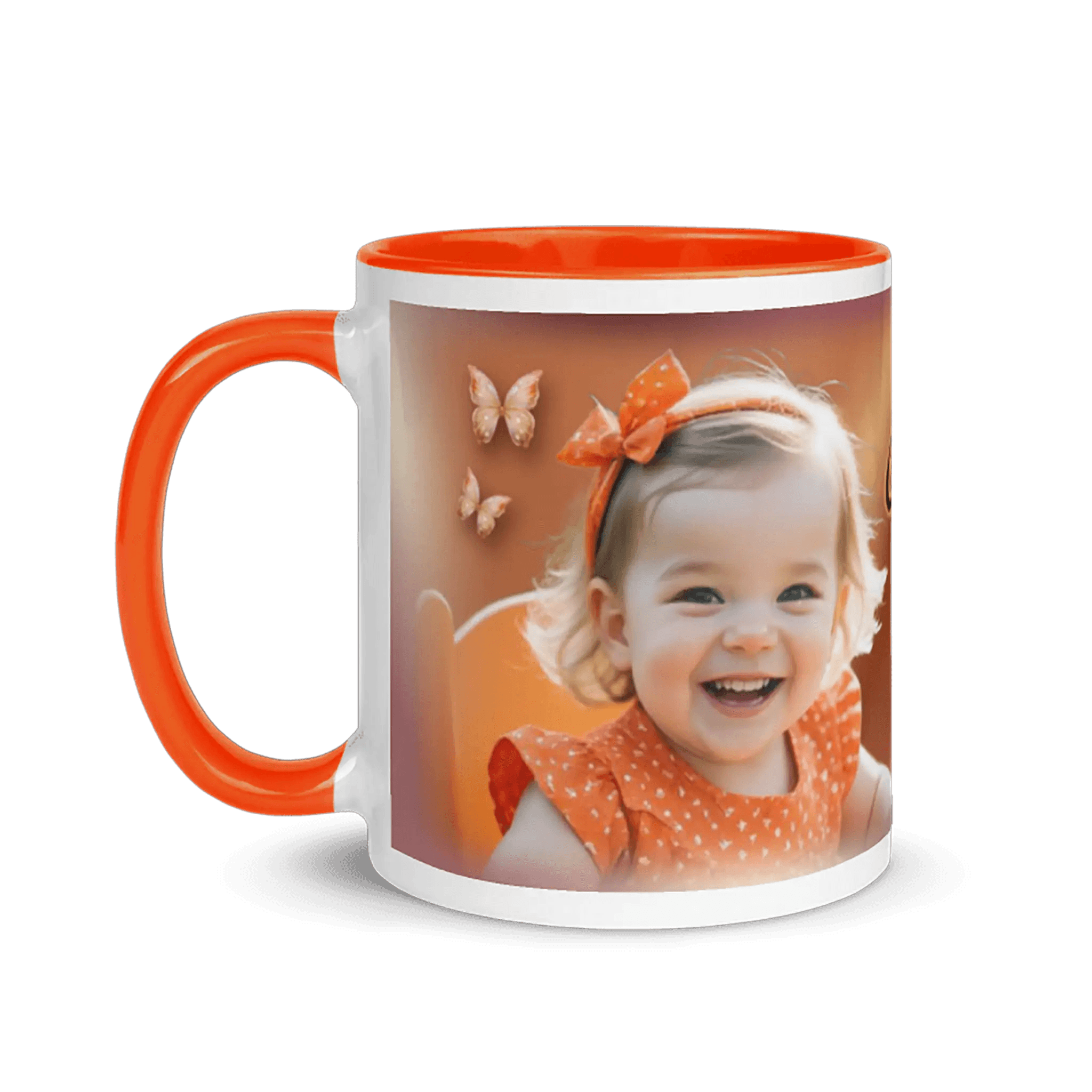 Keramiktasse Baby mit orangefarbenem Rand, Fotodruck lachendes Kind, Schmetterlinge, Geschenk