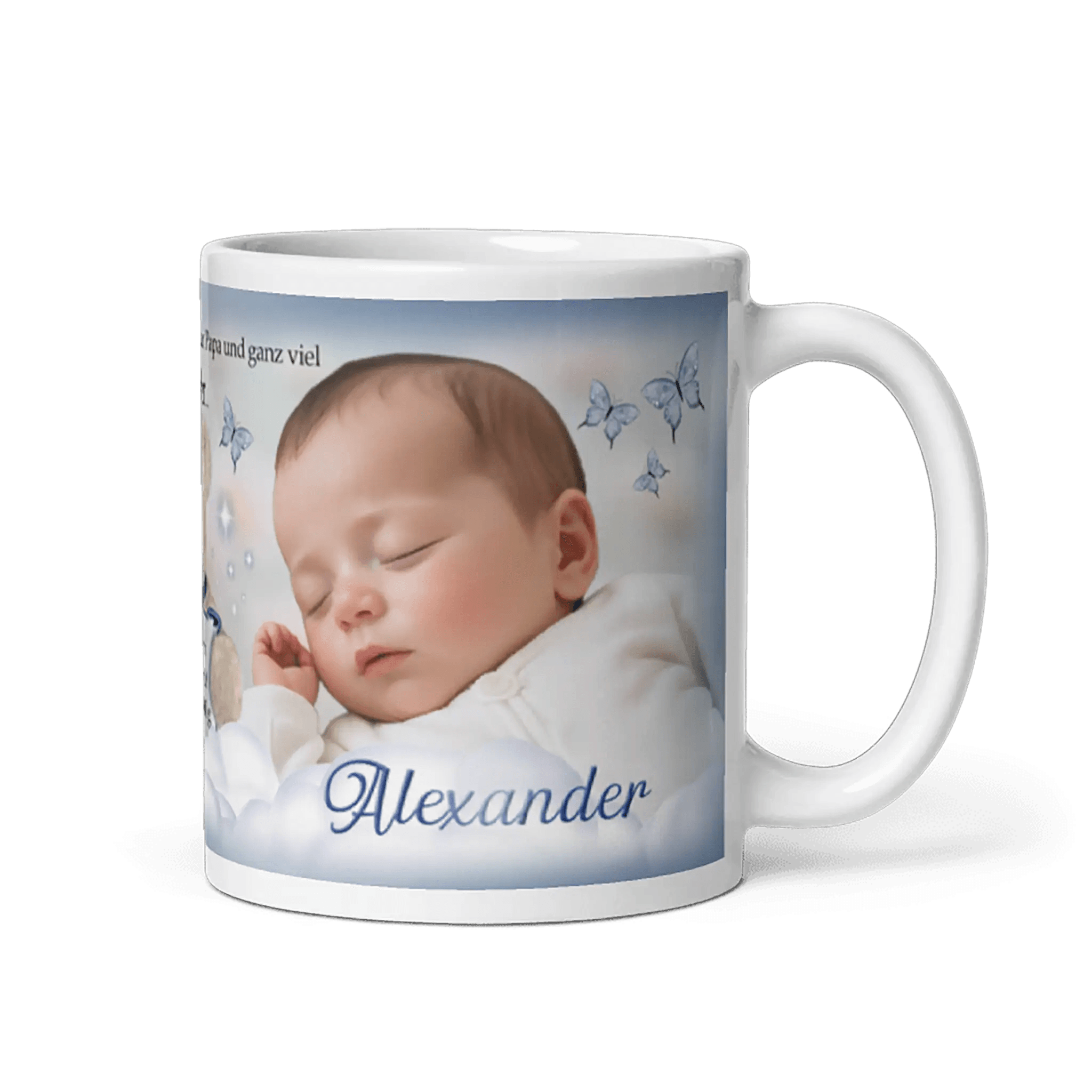 Weiße Tasse mit schlafendem Baby, blauen Schmetterlingen und Name Alexander, Geschenk Geburt Taufe