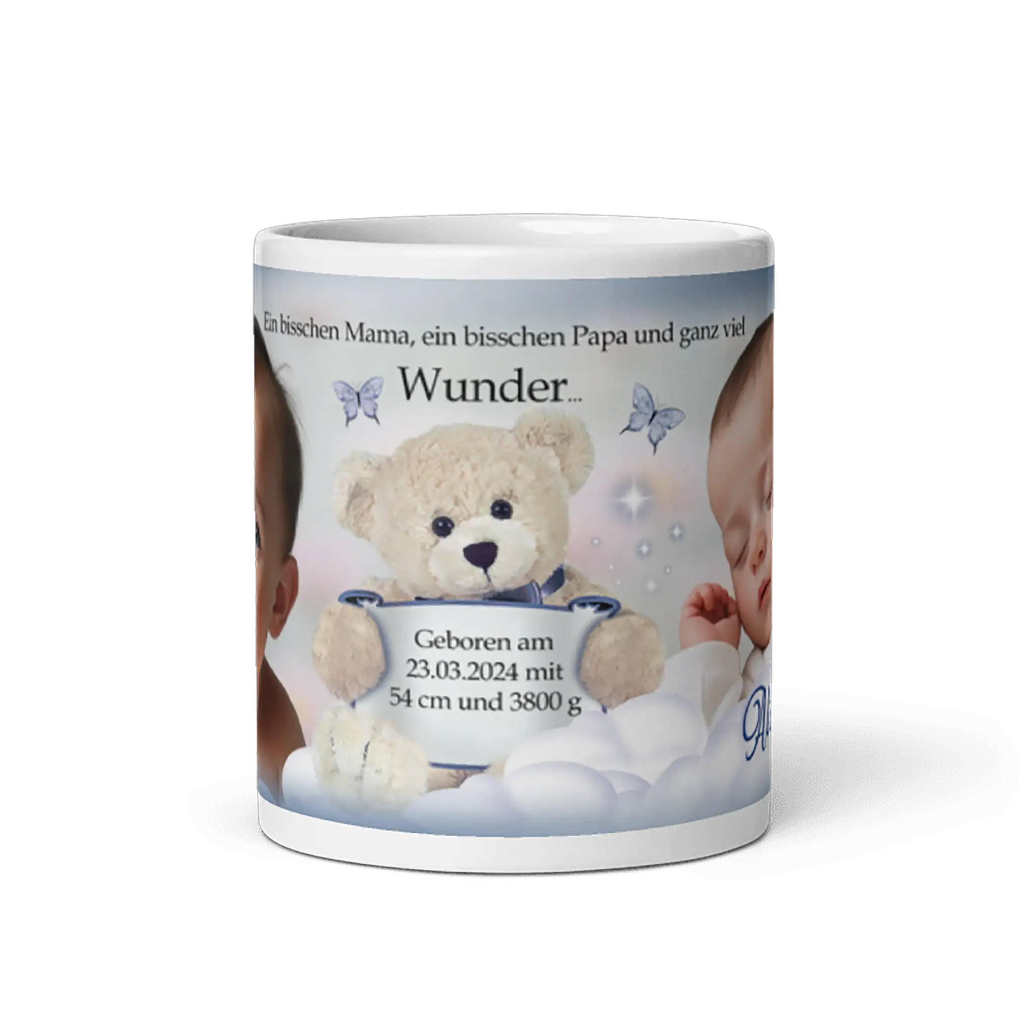 Weiße Tasse zur Geburt oder Taufe mit Babyfoto, Teddybär und Geburtsdaten bedruckt