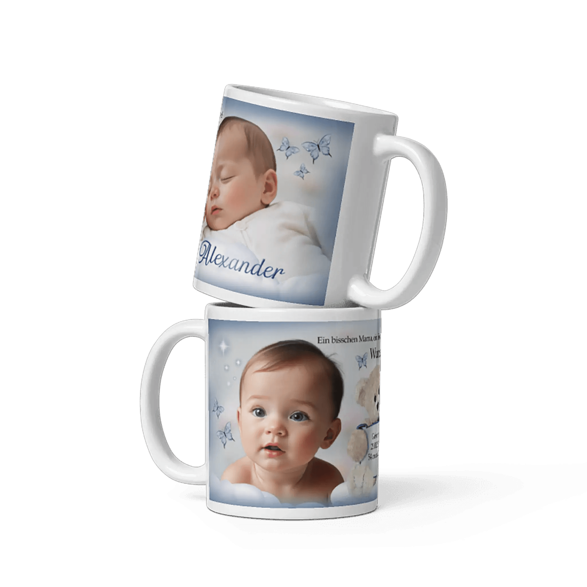Personalisierte Tasse zur Geburt und Taufe mit Babyfoto, Name Alexander und Schmetterlingen