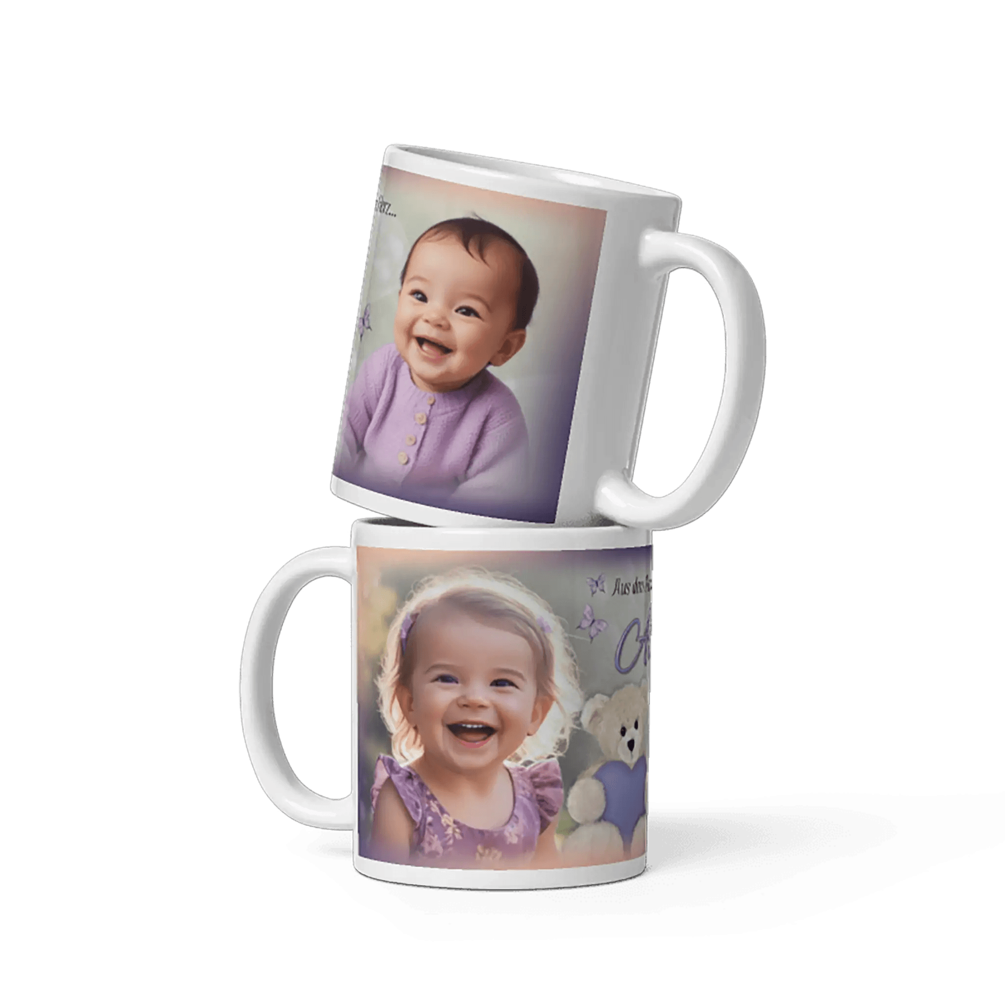 Personalisierte weiße Baby Tassen mit Fotos, Geschenk zur Geburt oder Taufe, Mädchenmotiv