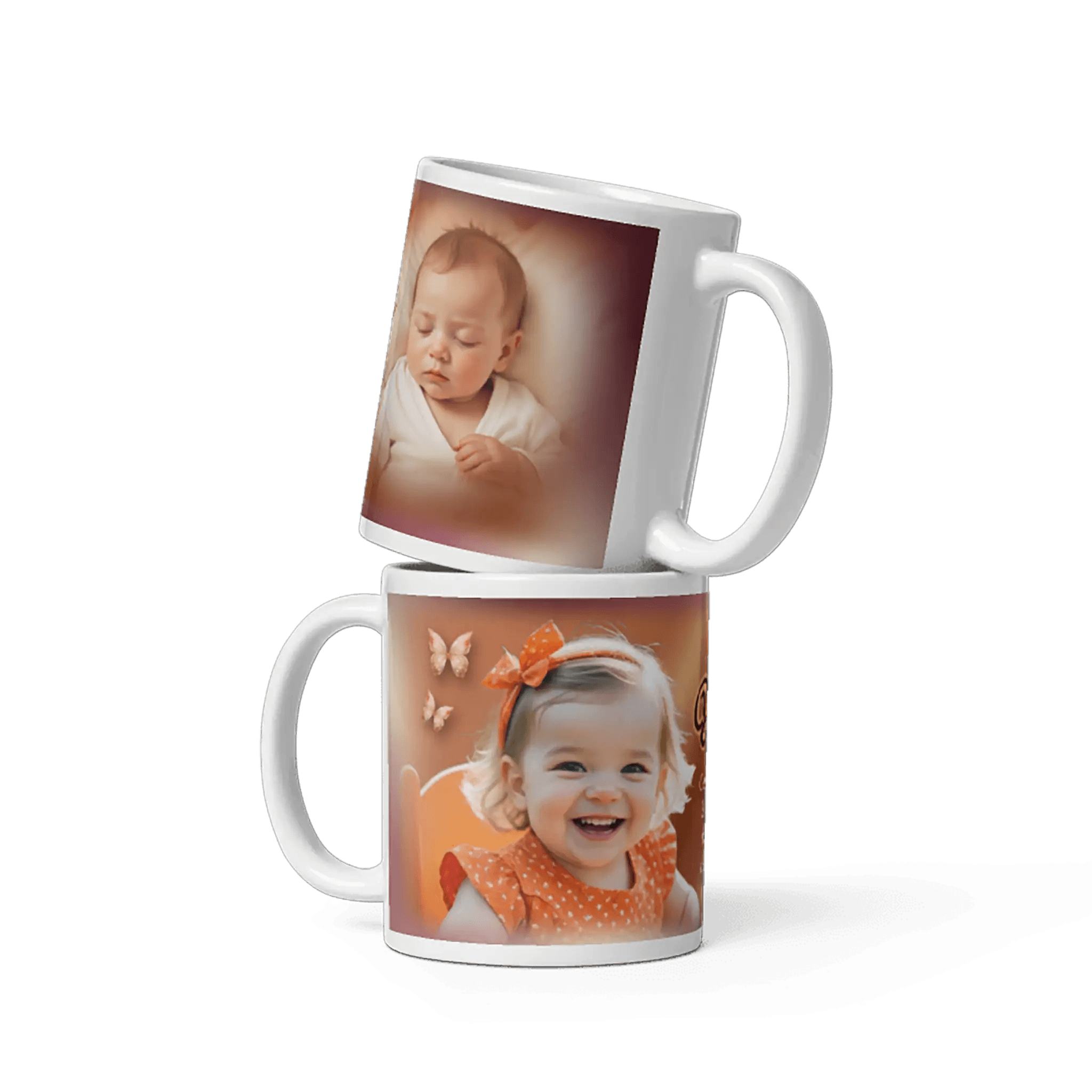 Weiße Tassen mit Babyfoto und Kinderfoto, personalisierte Geschenkidee zur Geburt oder Taufe