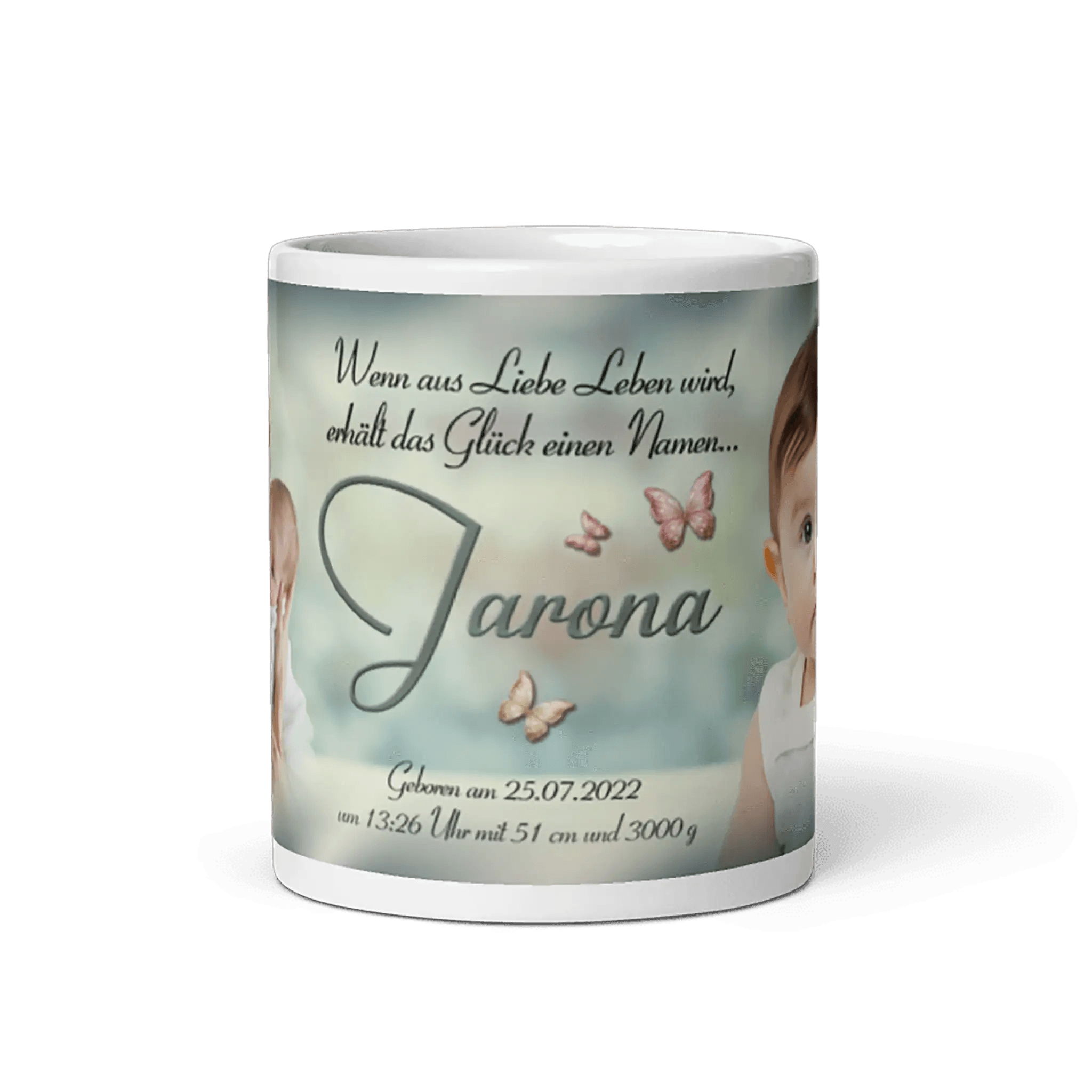 Personalisierte weiße Tasse zur Geburt mit Babyfoto, Name Jarona, Schmetterlingen und Geburtsdaten
