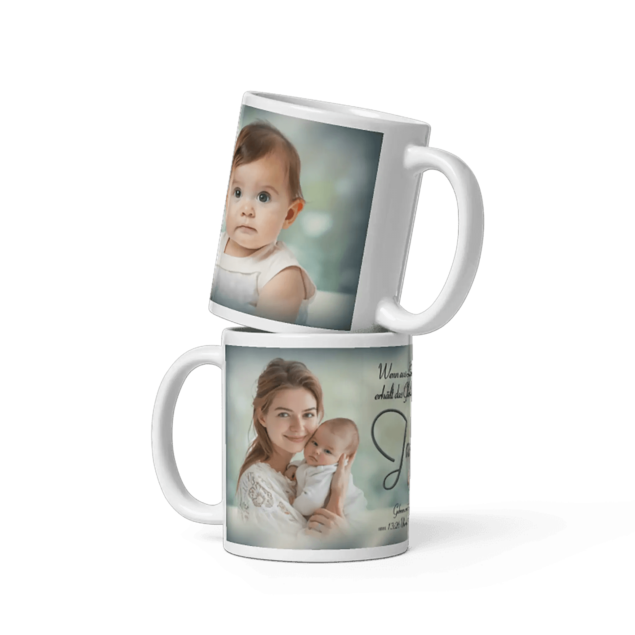 Personalisierte weiße Tasse mit Babyfoto und Mutter, Geschenk zur Geburt oder Taufe