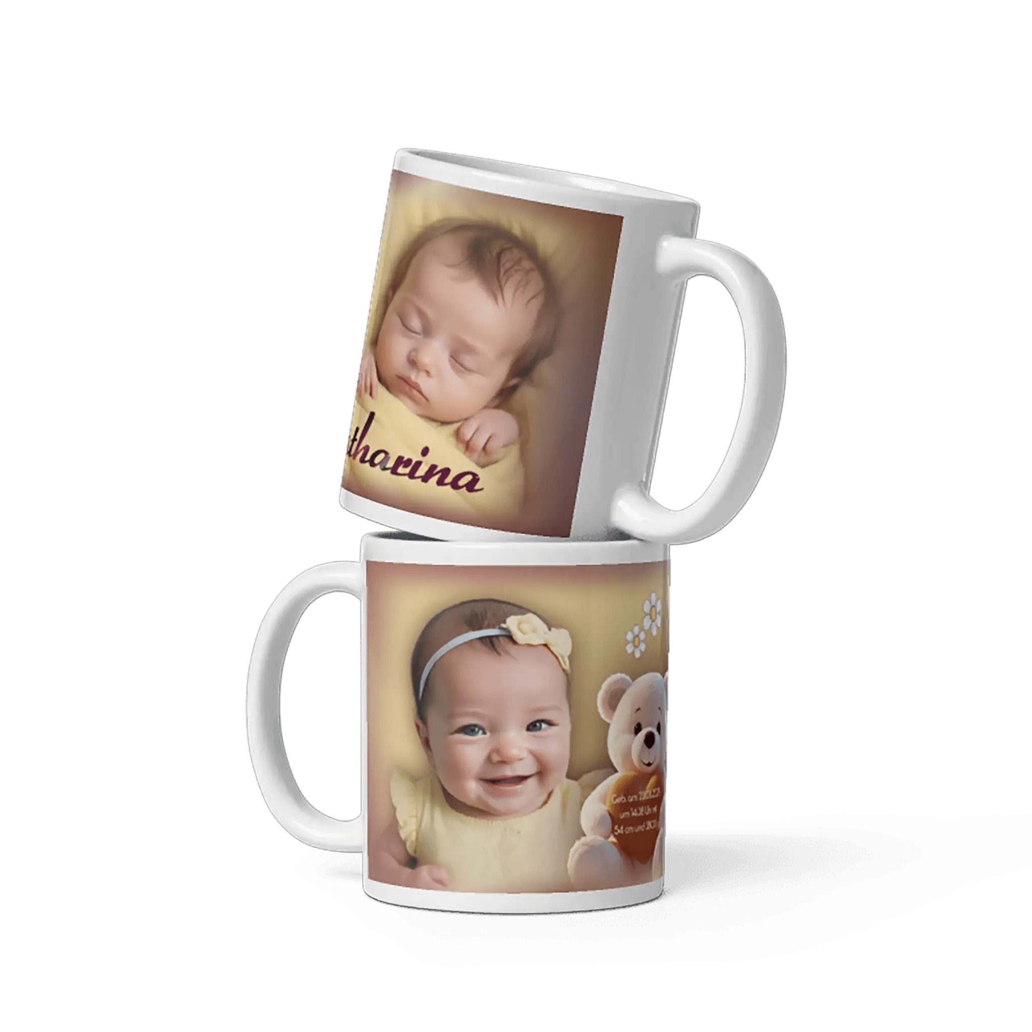 Personalisierte weiße Tasse mit Babyfoto und Name Katharina, Geschenk zur Geburt oder Taufe