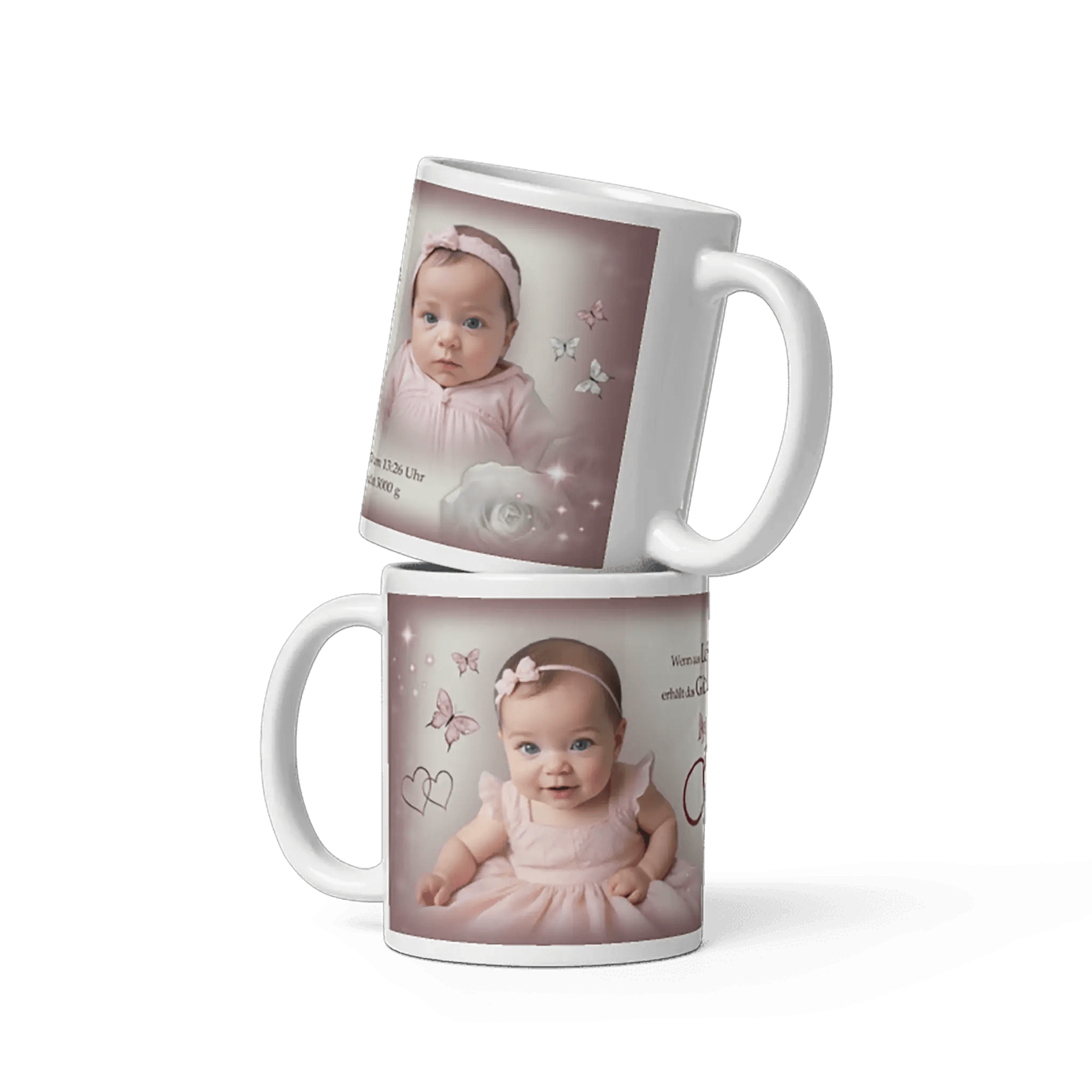 Personalisierte Tasse für Geburt oder Taufe mit Babyfoto, rosa Schmetterlingen und Herzen
