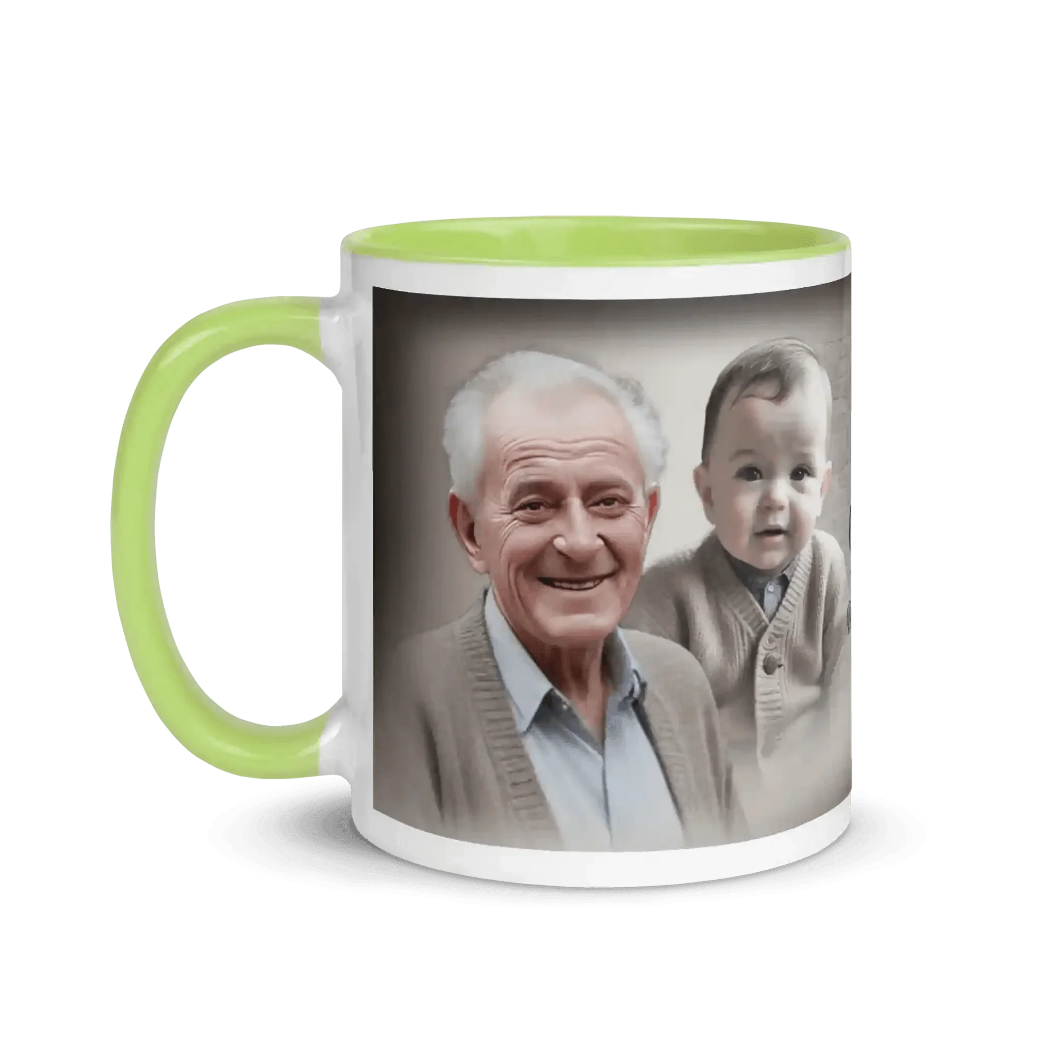 Personalisierte Tasse mit Foto von Opa und Kind, Geschenkidee zum Geburtstag, grün-weiß