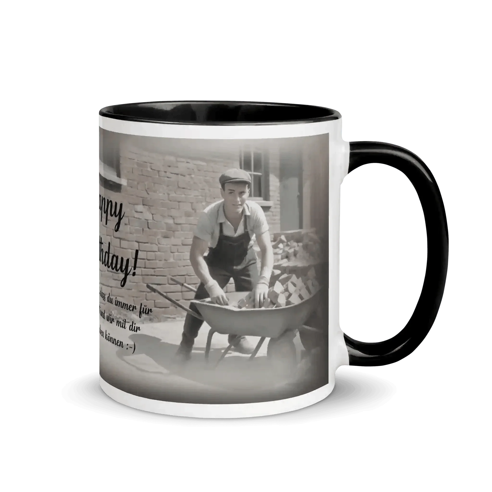 Tasse mit Schwarz-Weiß-Foto von Opa, Schubkarre und Ziegelsteinen, Geburtstagstasse