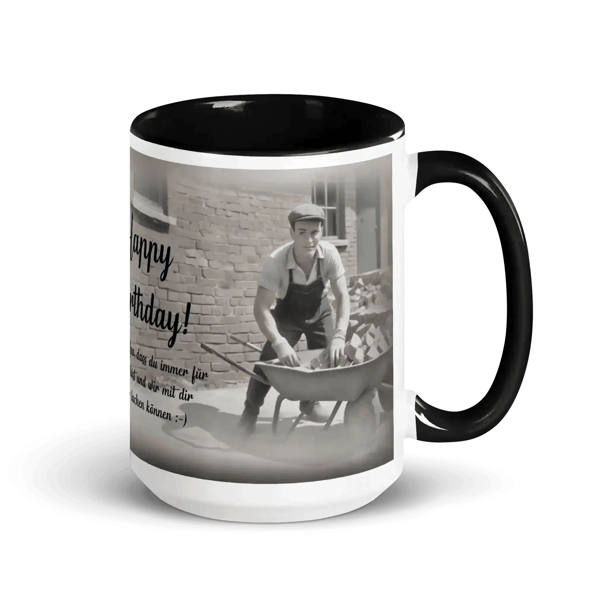 Tasse mit Retro-Foto, Mann mit Schubkarre, Happy Birthday Aufdruck, Geschenk Opa