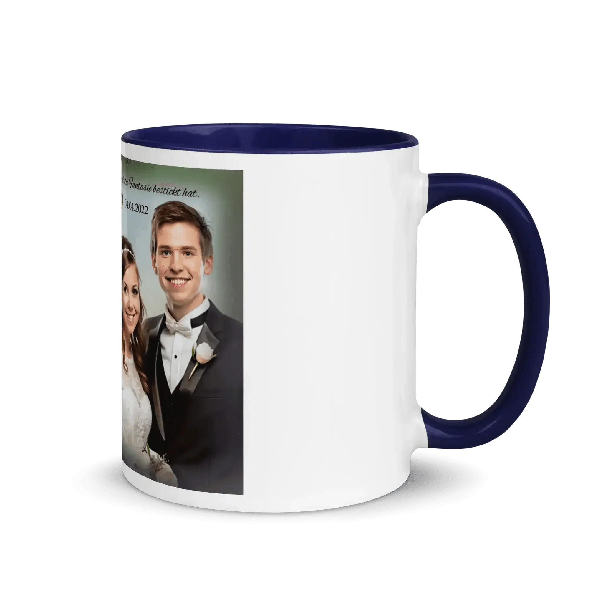 Tasse dunkelblau mit Hochzeitsfoto von Brautpaar, personalisiertes Hochzeitsgeschenk