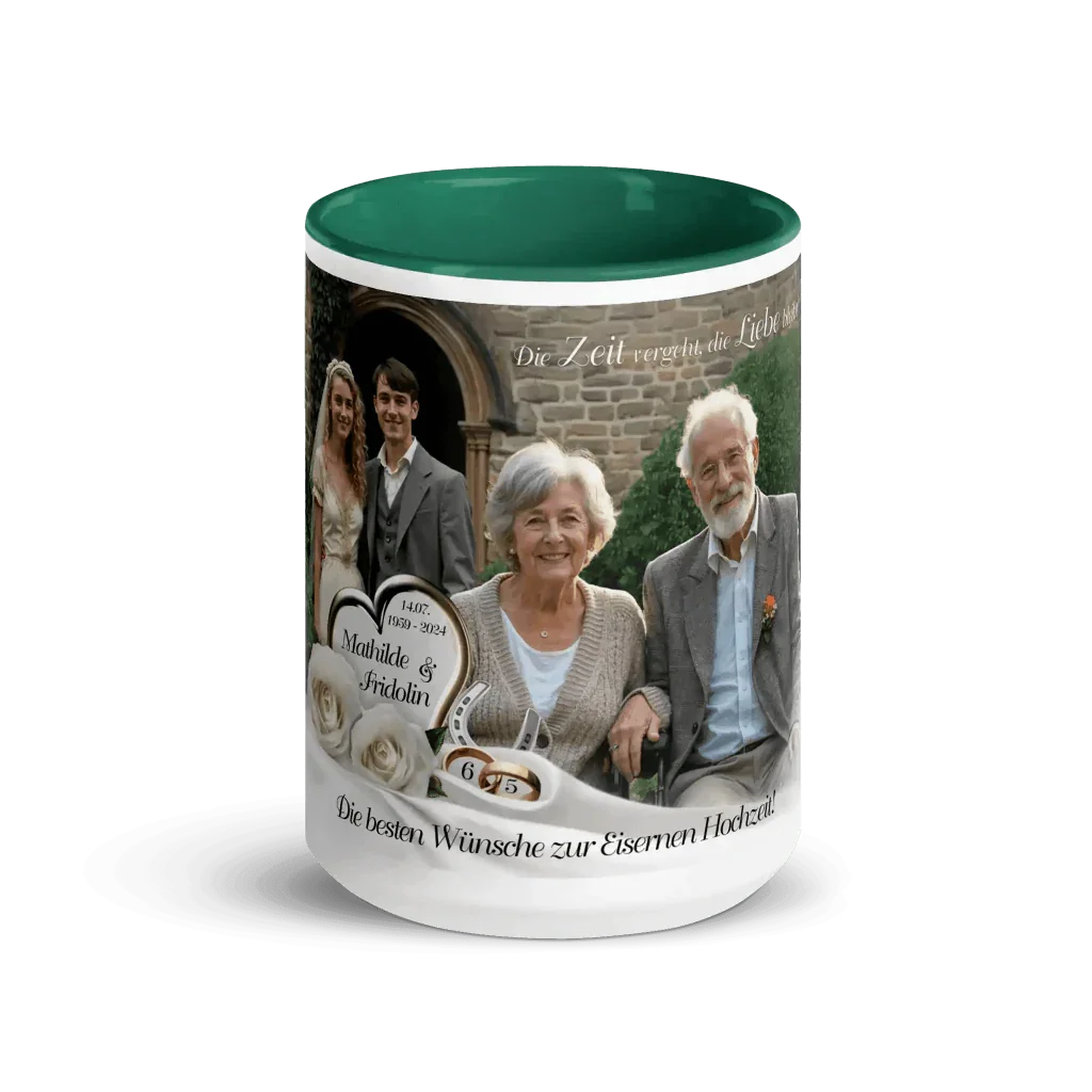 Personalisierte Tasse dunkelgrün mit Hochzeitsfoto und Jubiläumsmotiv, Geschenk Eisenhochzeit