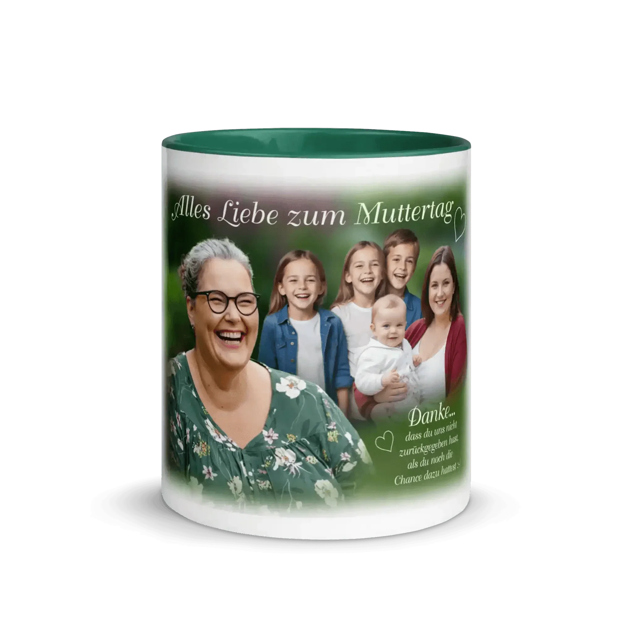 Dunkelgrüne Tasse mit Familienfoto und Aufschrift 'Alles Liebe zum Muttertag', Geschenkidee