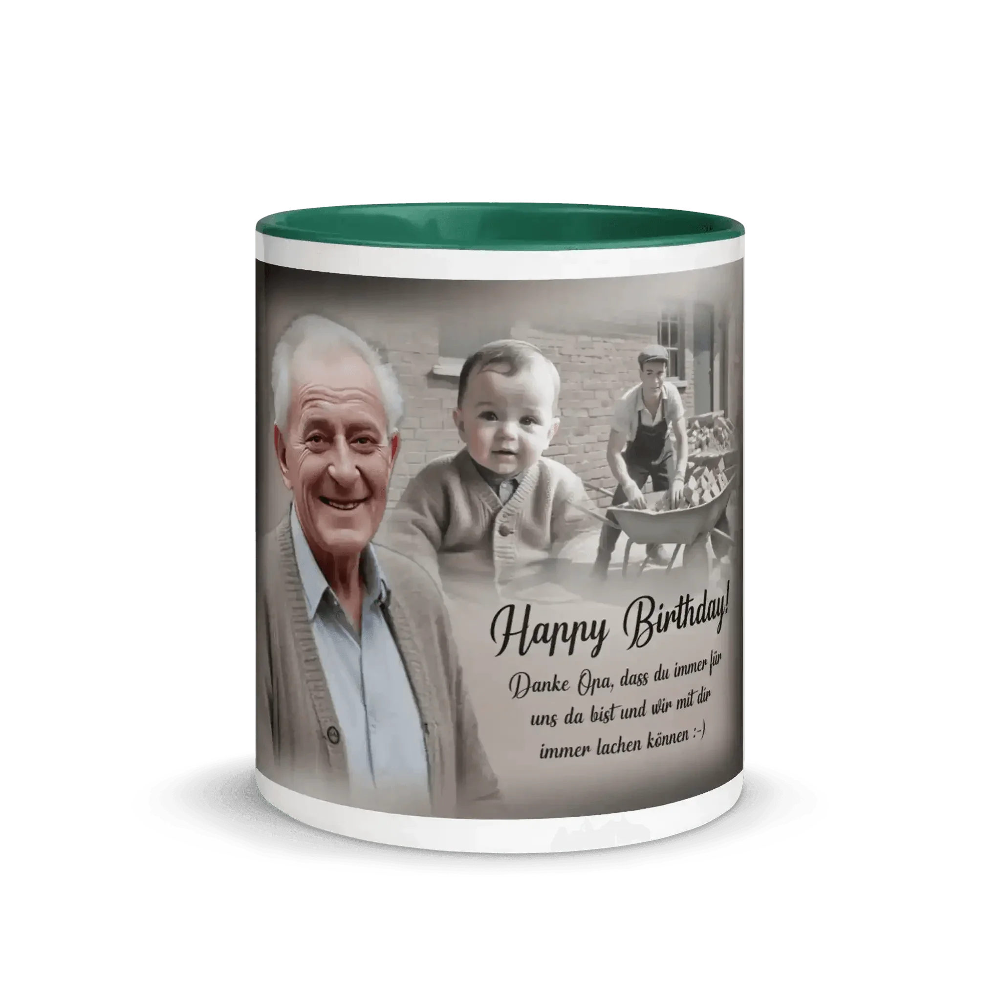 Personalisierte dunkelgrüne Fototasse mit Opa, Kind, Spruch und Happy Birthday Aufdruck