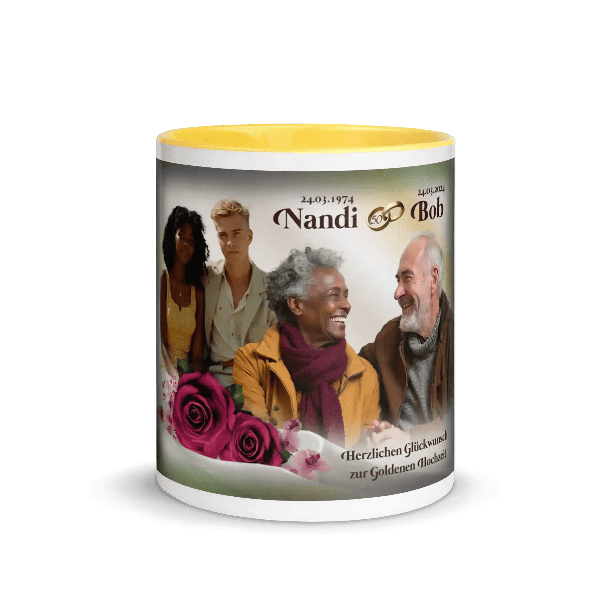 Elegante Keramiktasse mit Foto und Namen für den Hochzeitstag