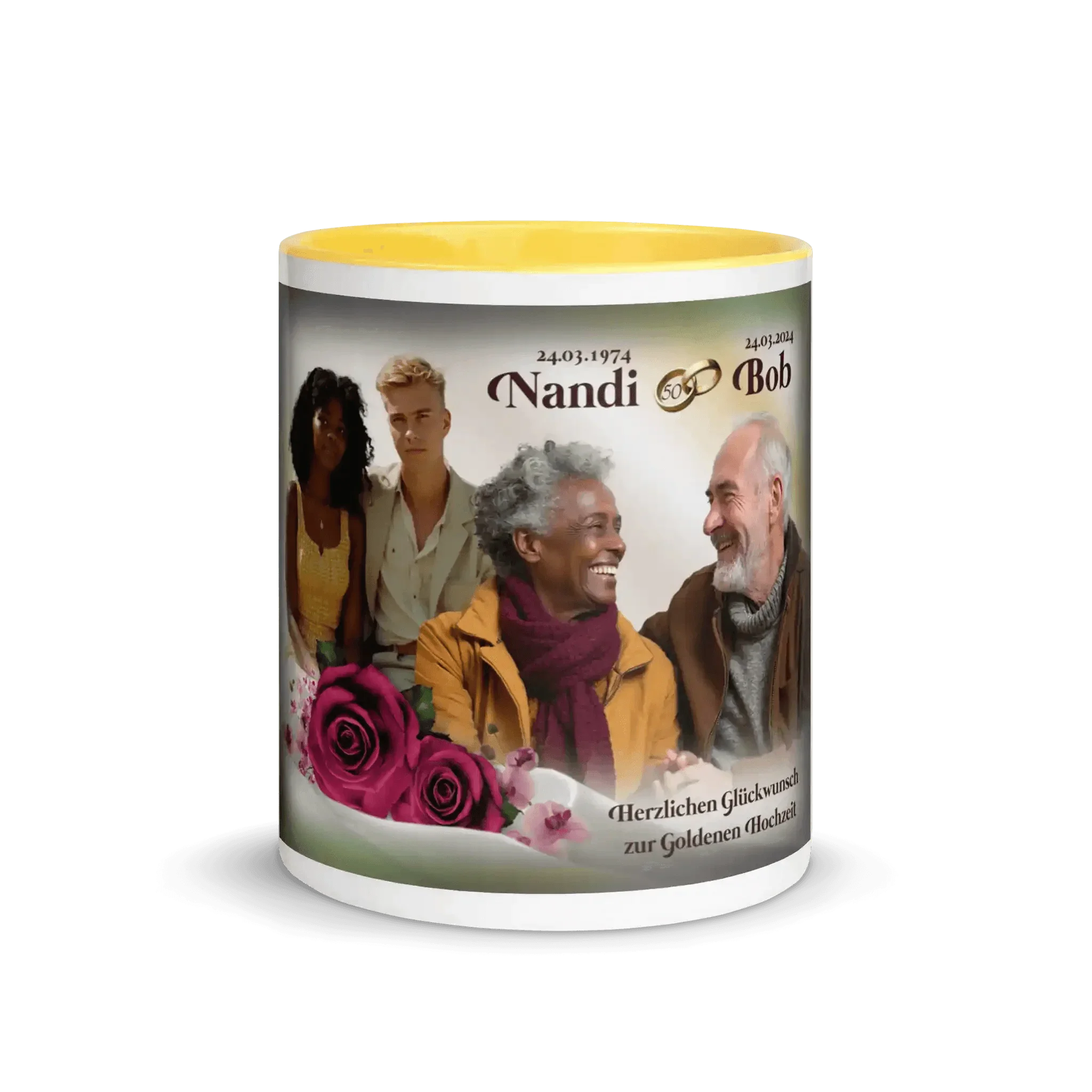 Personalisierte gelbe Tasse mit Foto einer Familie, Rosen und Aufschrift zur goldenen Hochzeit