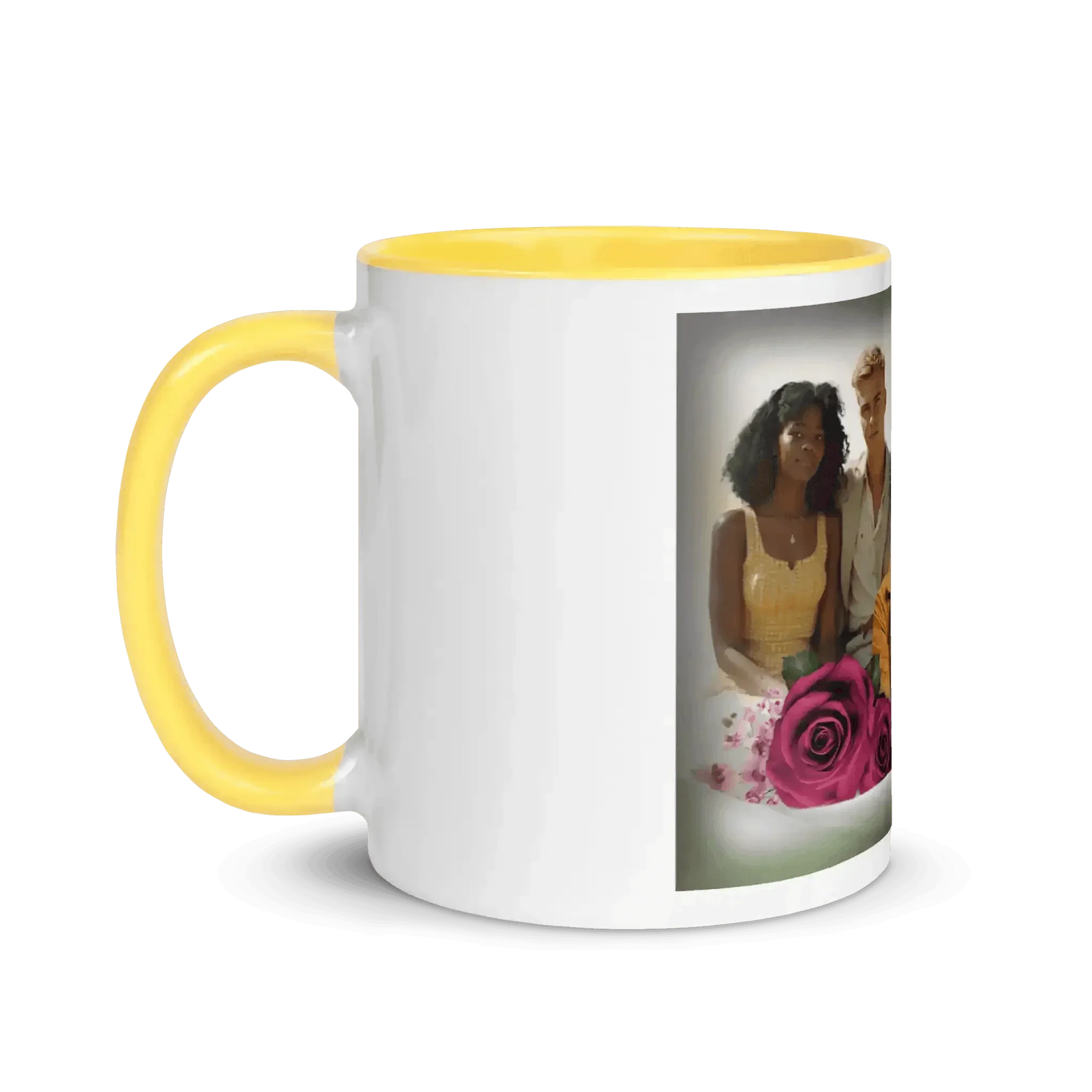 Gelbe Hochzeitstasse mit Fotomotiv Paar und Rosen, personalisiertes Geschenk