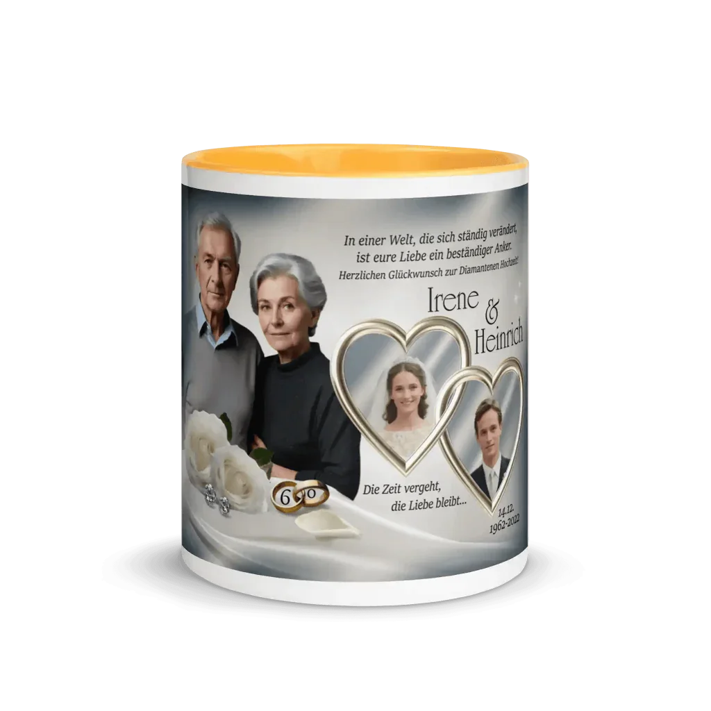 Personalisierte Tasse Goldene Hochzeit mit Fotos, weißen Rosen und goldenen Herzen, Jubiläumsgeschenk