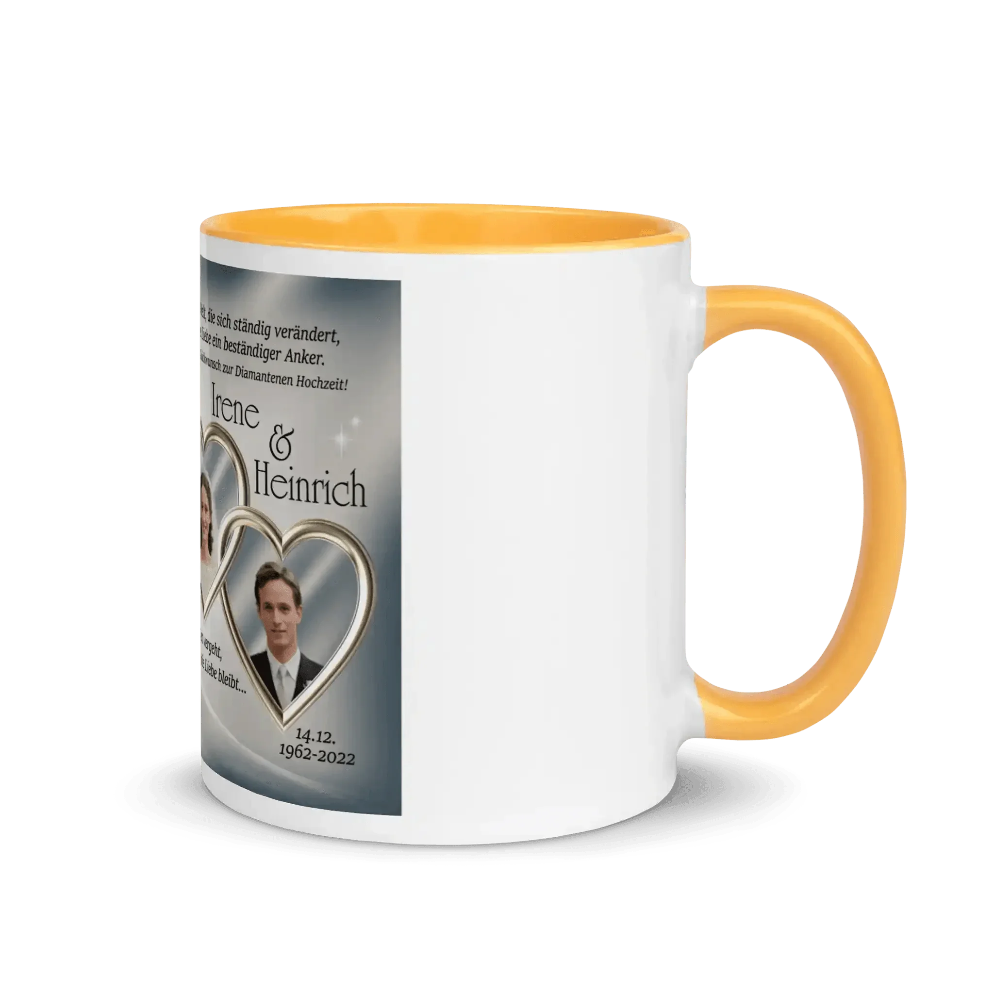 Weiße Tasse mit gelbem Henkel und Fotodruck für Diamantene Hochzeit, personalisiertes Geschenk