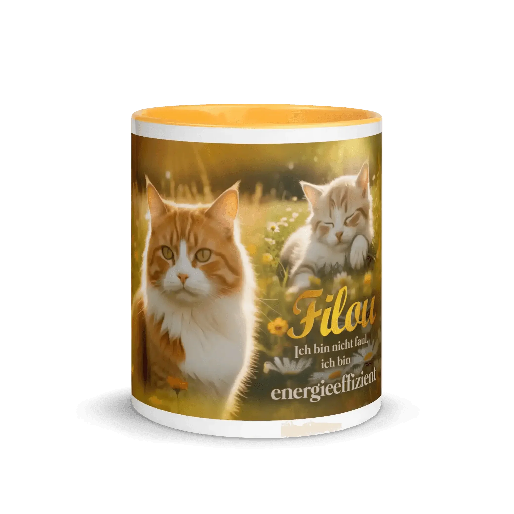Kaffeetasse goldgelb mit Katzenmotiv, Filou Schriftzug, Blumenwiese, niedliches Geschenk