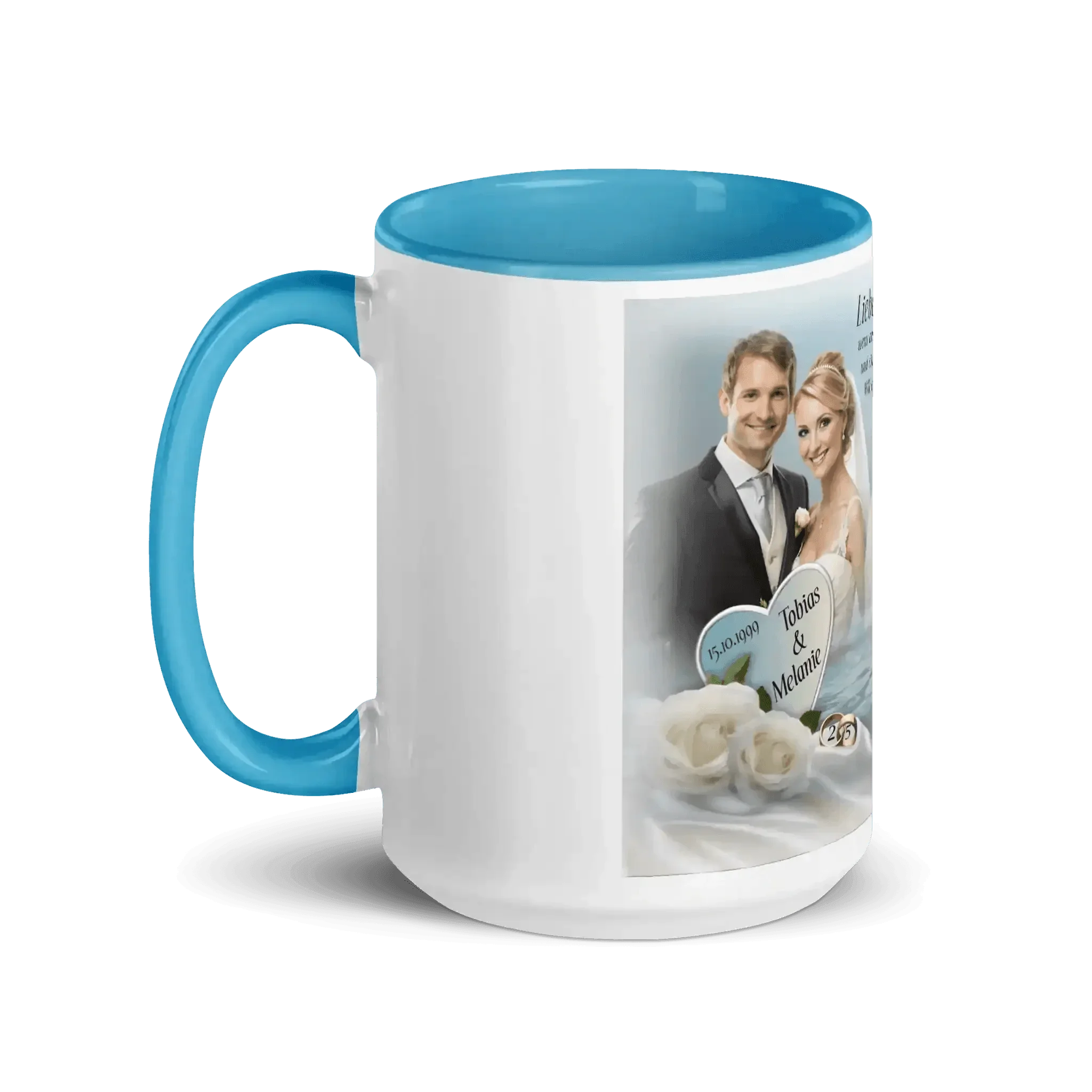 Personalisierte Hochzeitstasse hellblau mit Brautpaar, Namen und Blumenmotiv