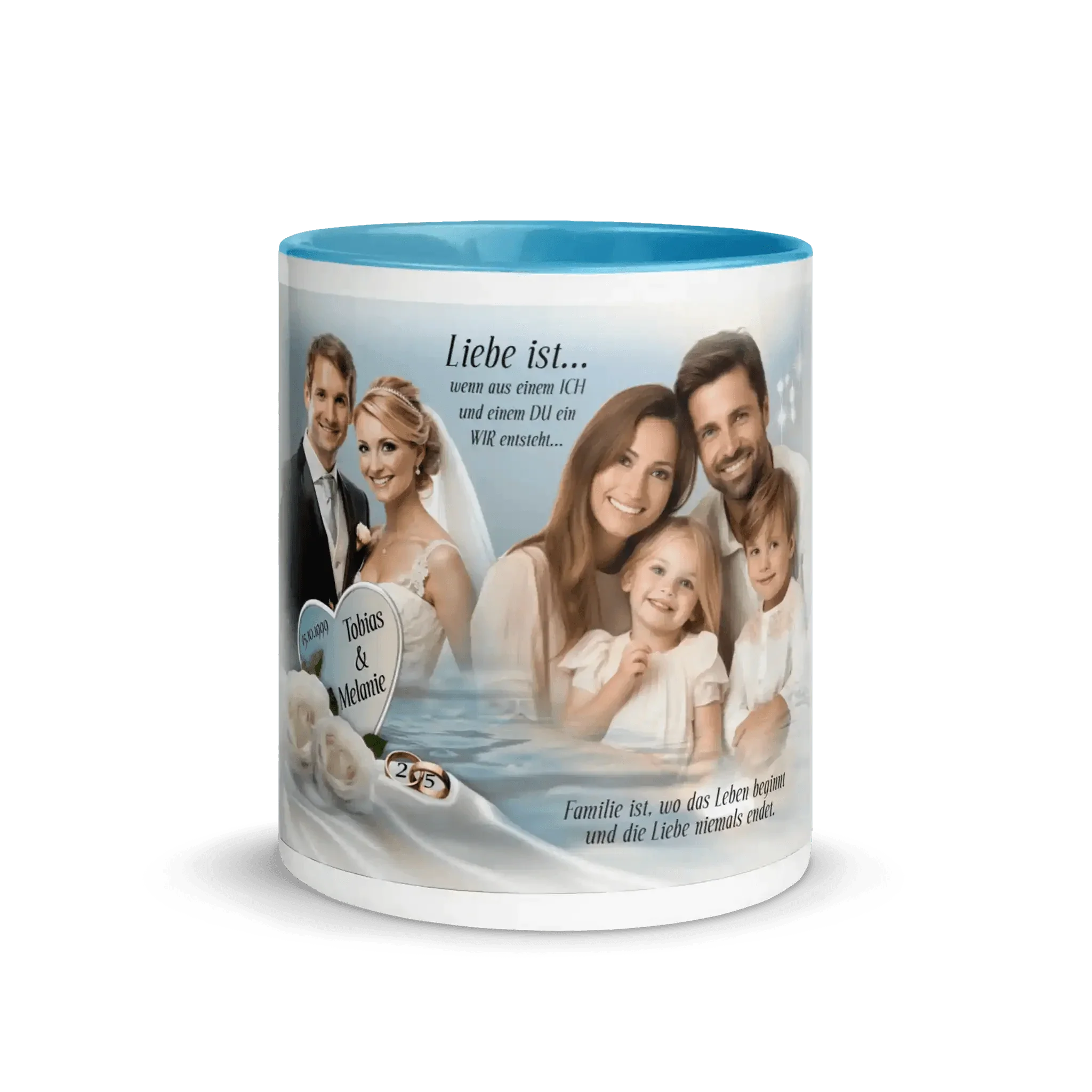 Personalisierte hellblaue Hochzeitstasse mit Familienfoto, Brautpaar, Namen und Spruch