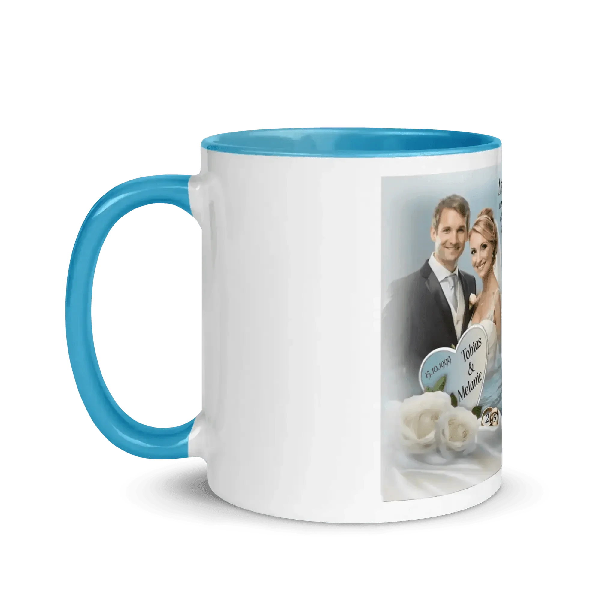 Personalisierte Tasse hellblau mit Hochzeitsfoto, Brautpaar und Rosen als Geschenk