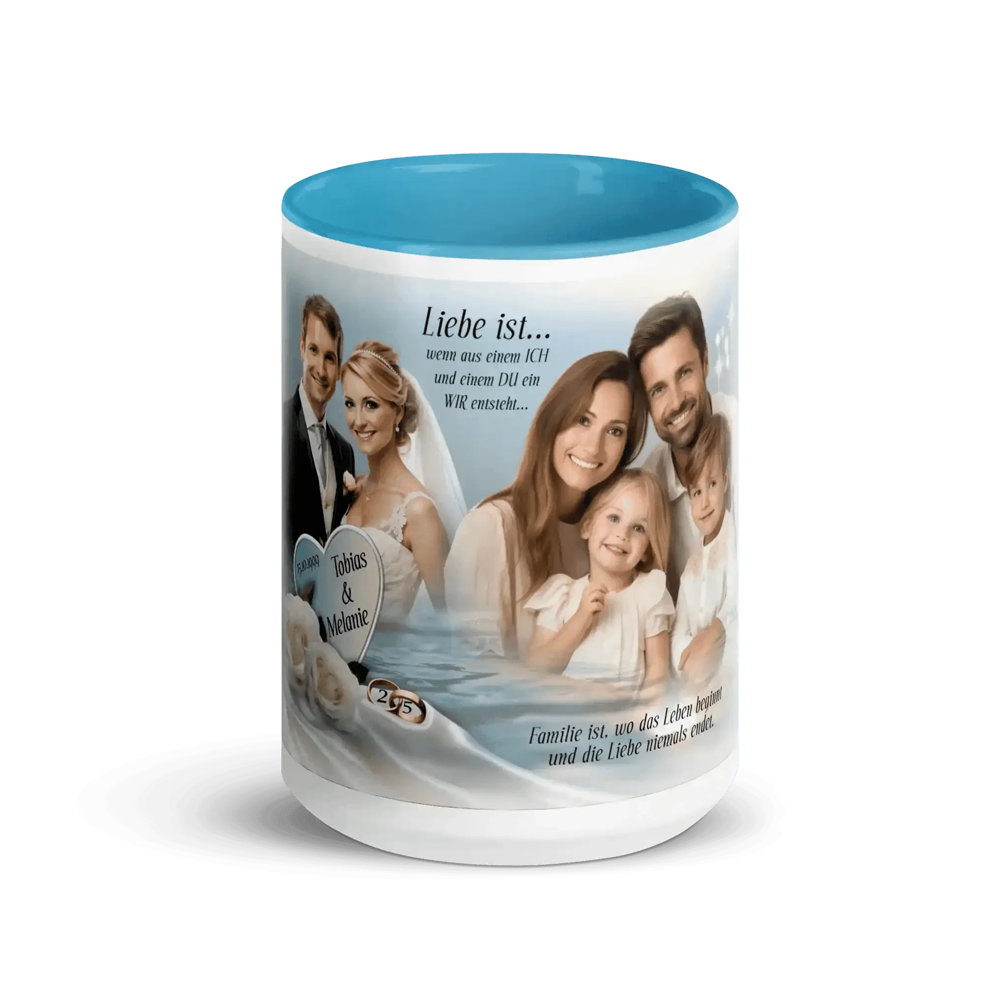 Hellblaue Hochzeitstasse mit Familienfoto, Brautpaar, Herzmotiv und Liebeszitat, personalisiert