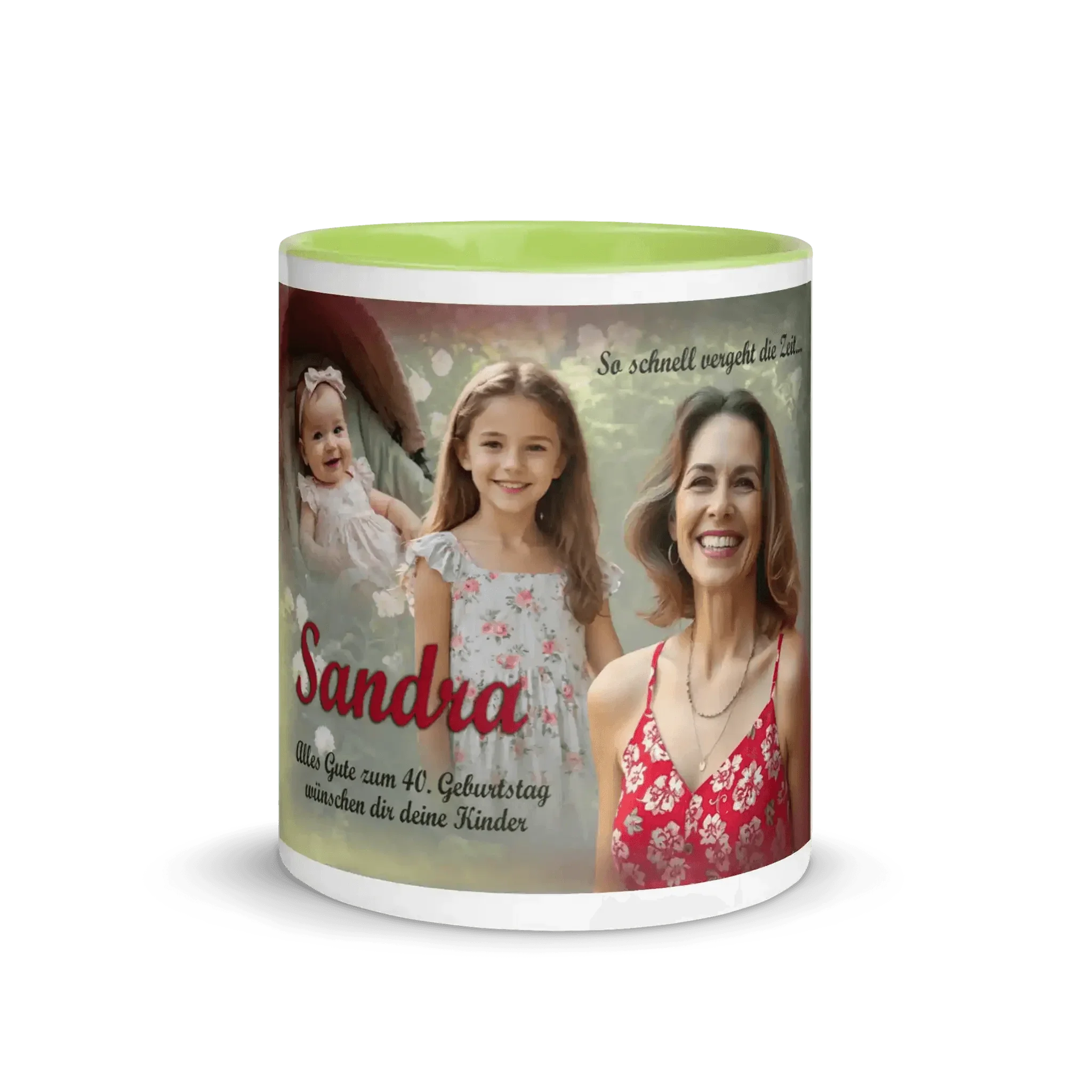 Personalisierte Tasse hellgrün mit Foto-Collage und Geburtstagsgruß für Sandra