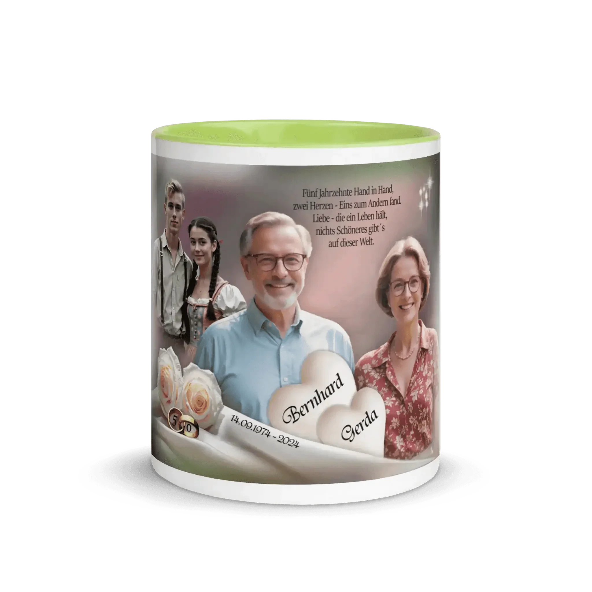 Personalisierte hellgrüne Tasse zur Hochzeit mit Paarfoto, Blumen und Jubiläumstext